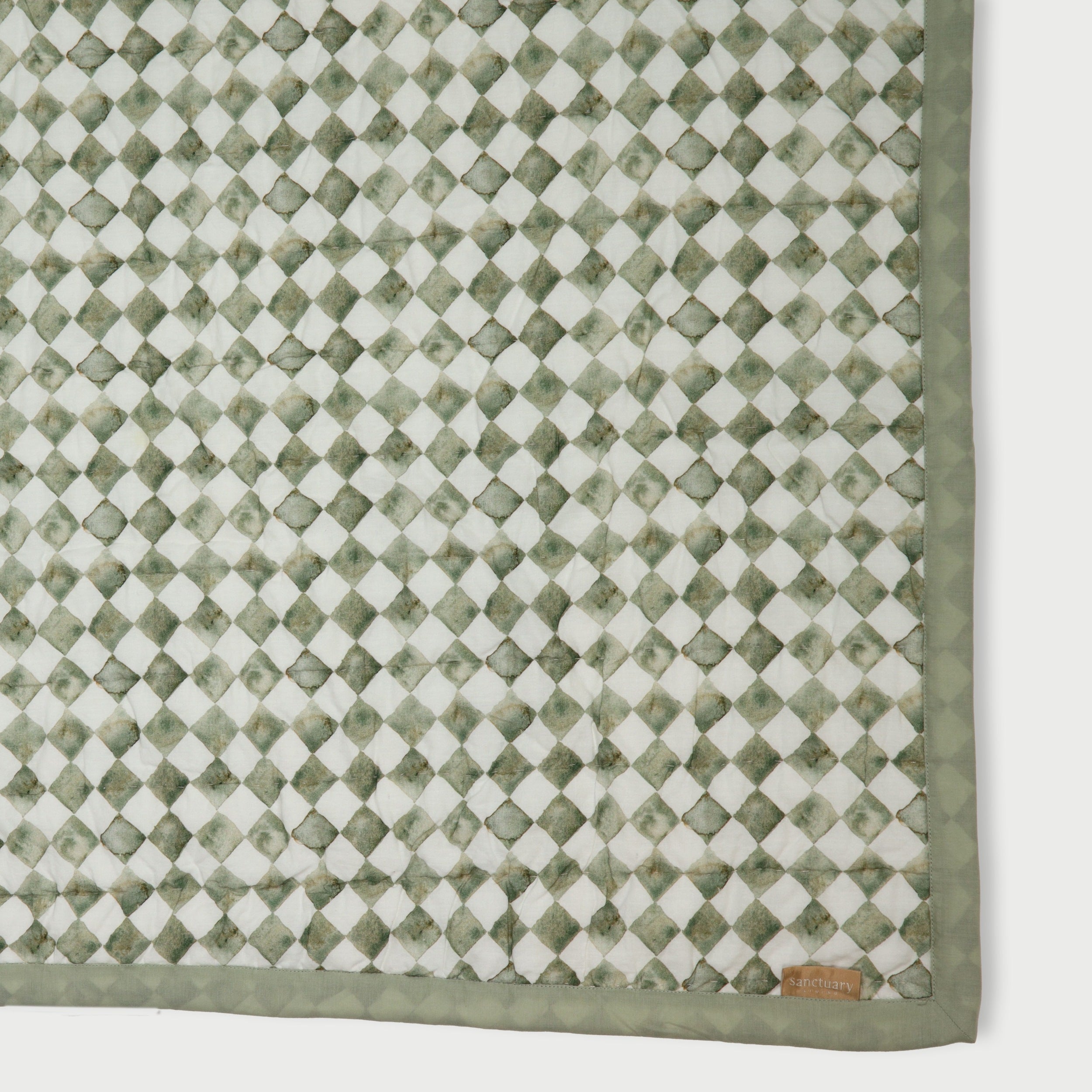 Checker Mosaic Sage Kantha Cotton Quilt