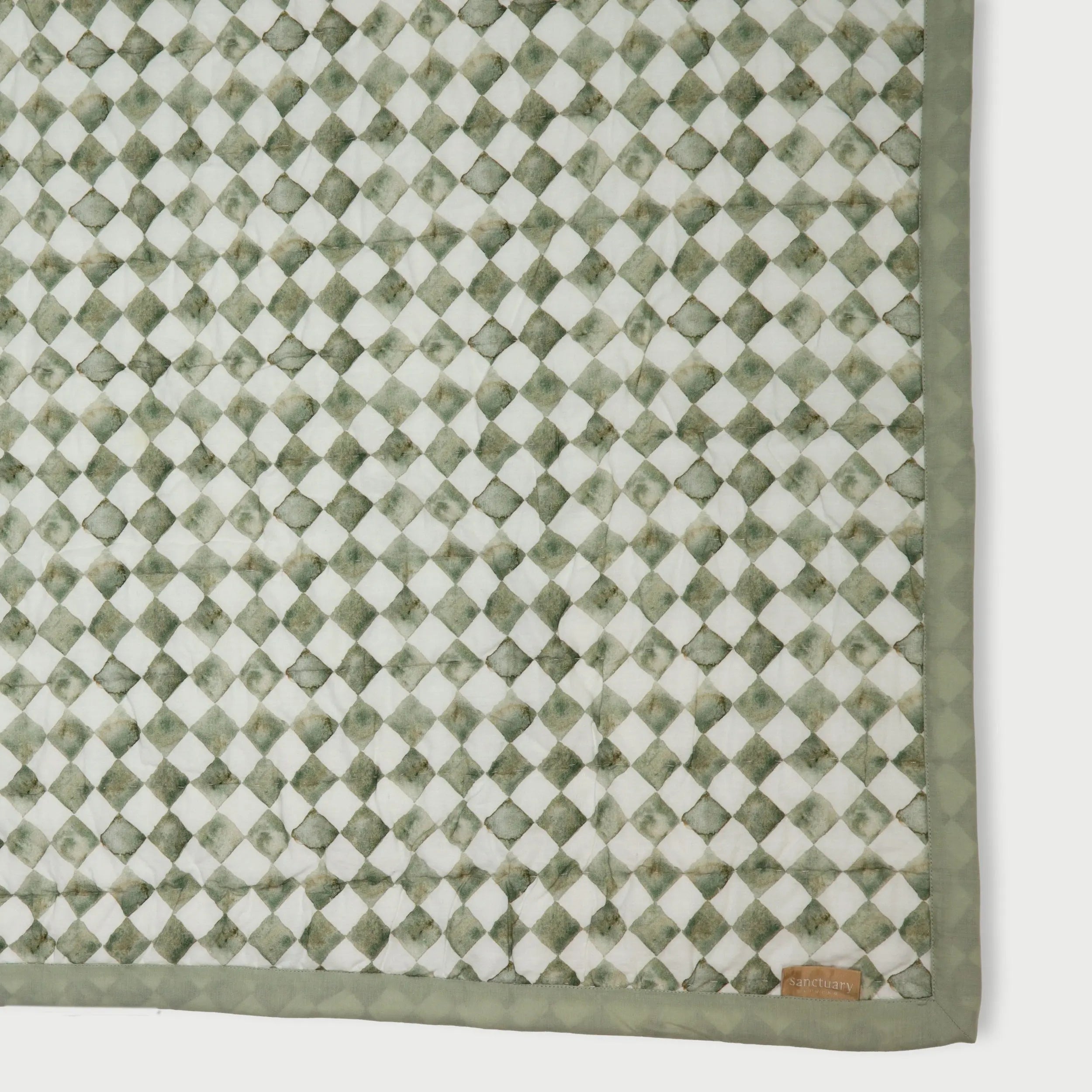 Checker Mosaic Sage Kantha Cotton Quilt SanctuaryLiving