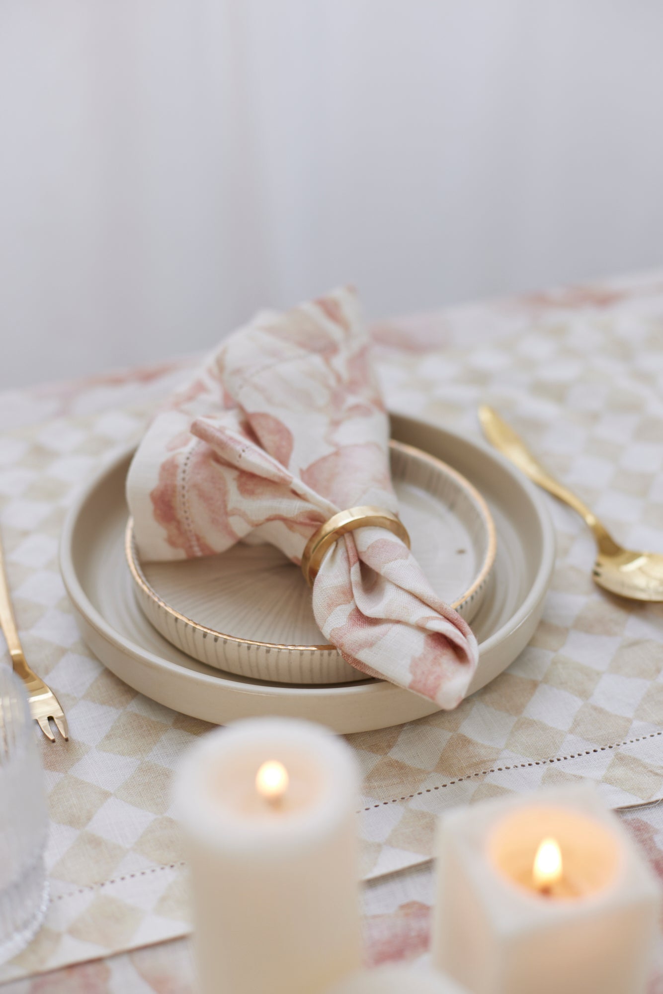 Checker Beige Linen Table Runner