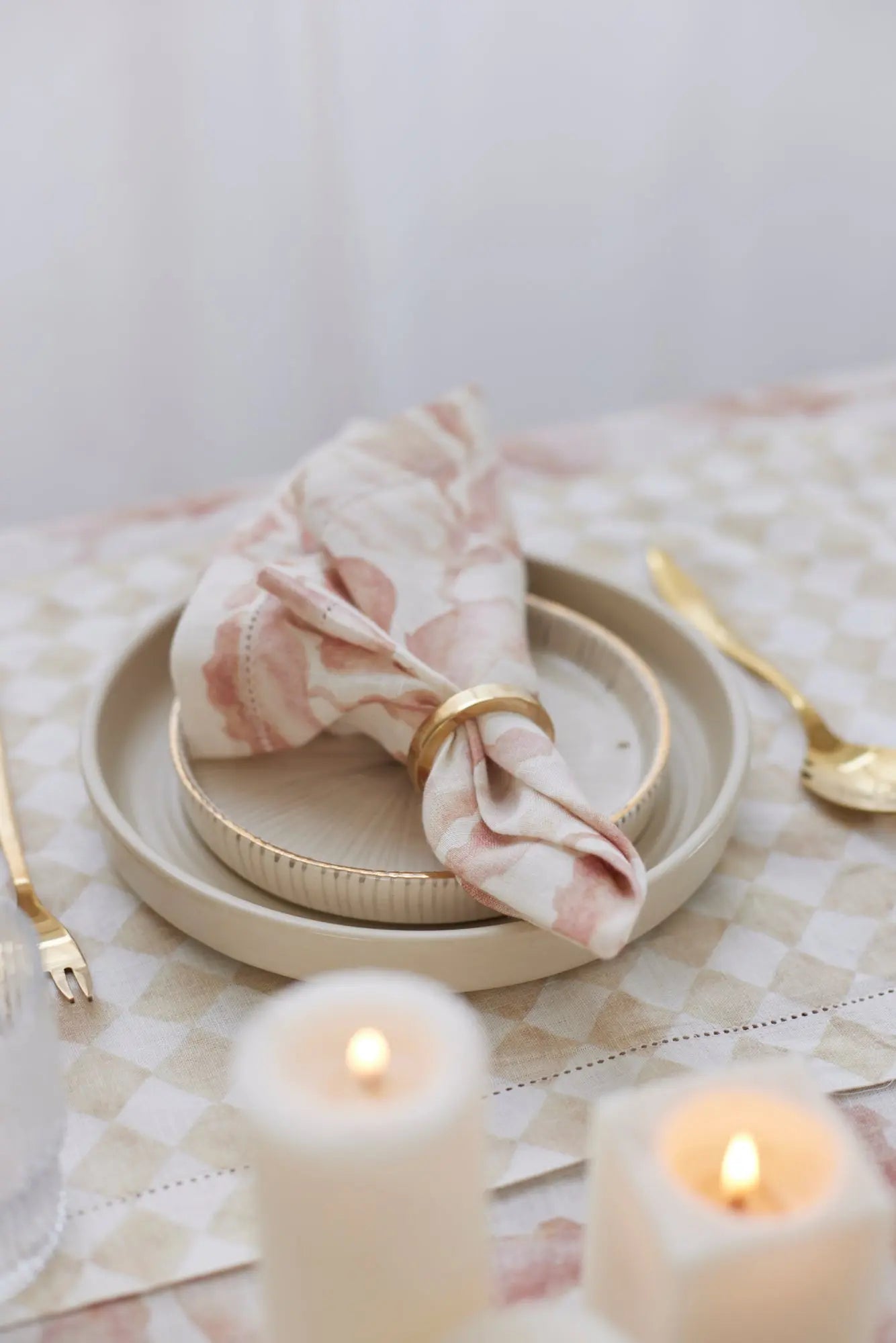 Checker Beige Linen Table Runner SanctuaryLiving
