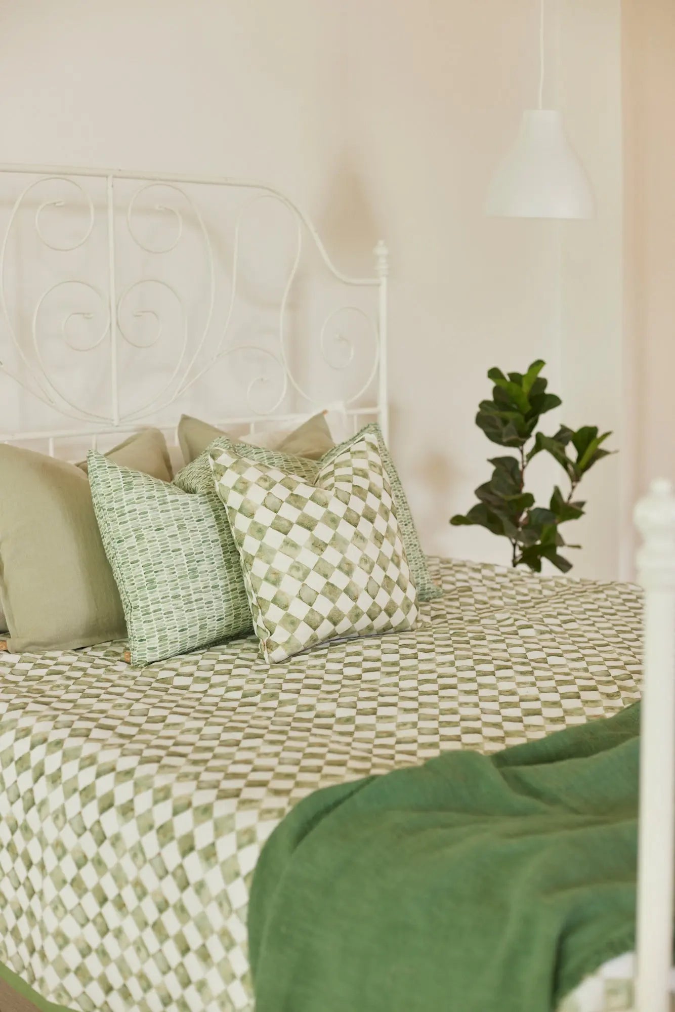 Checker Green Linen Bedspread SanctuaryLiving