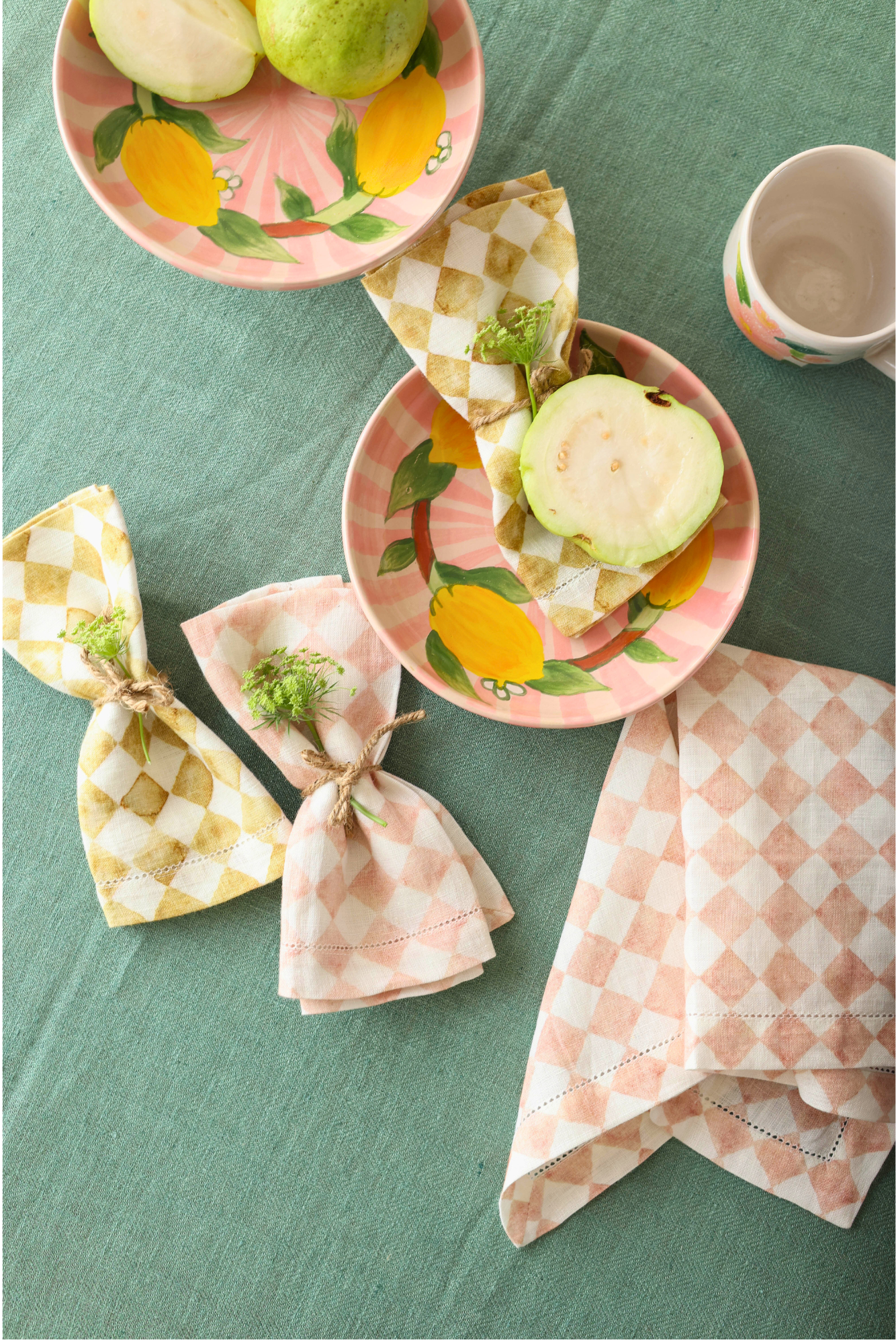 Checker Ochre Linen Table Napkins-Set of 2