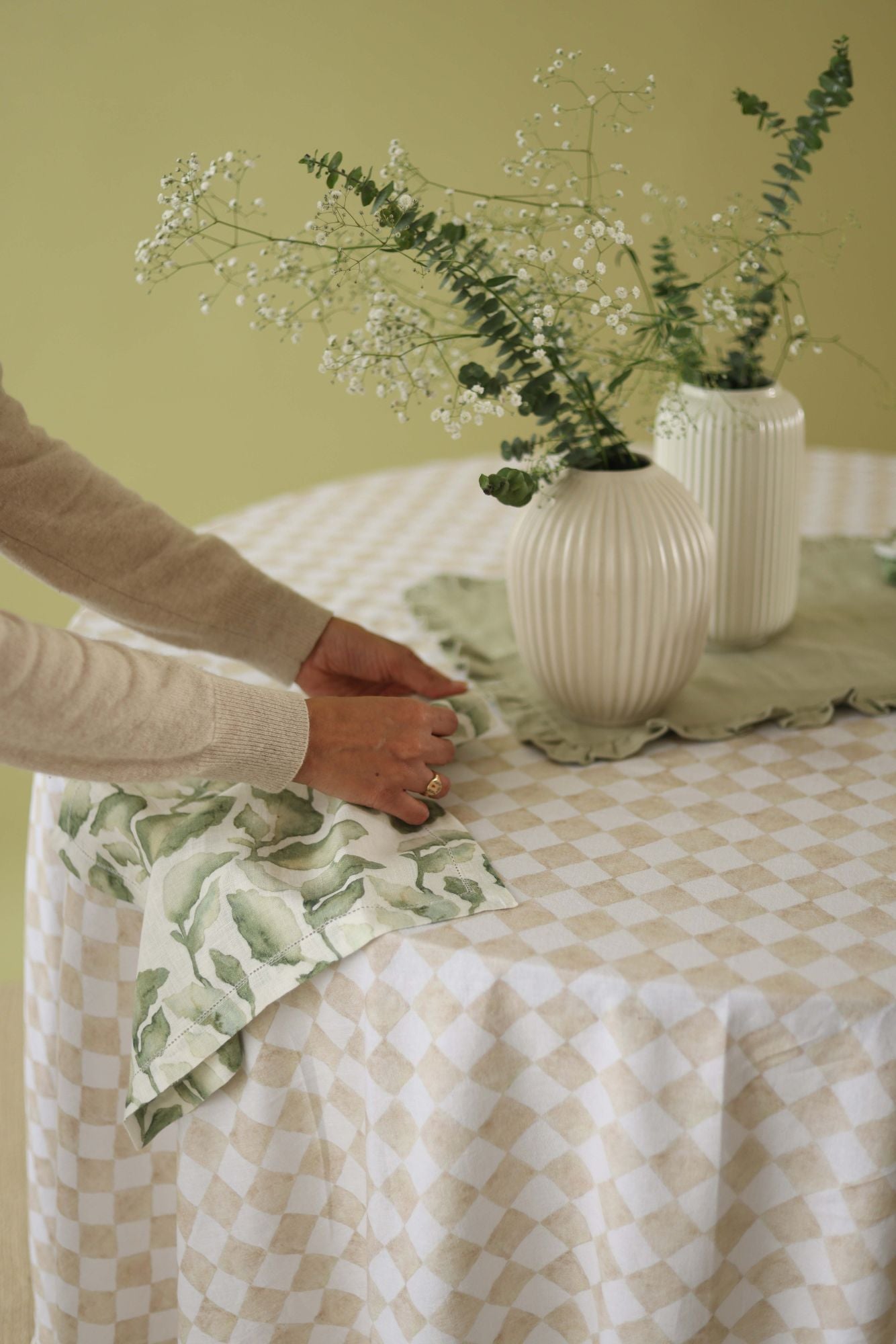 Checker Beige Linen Table Cover
