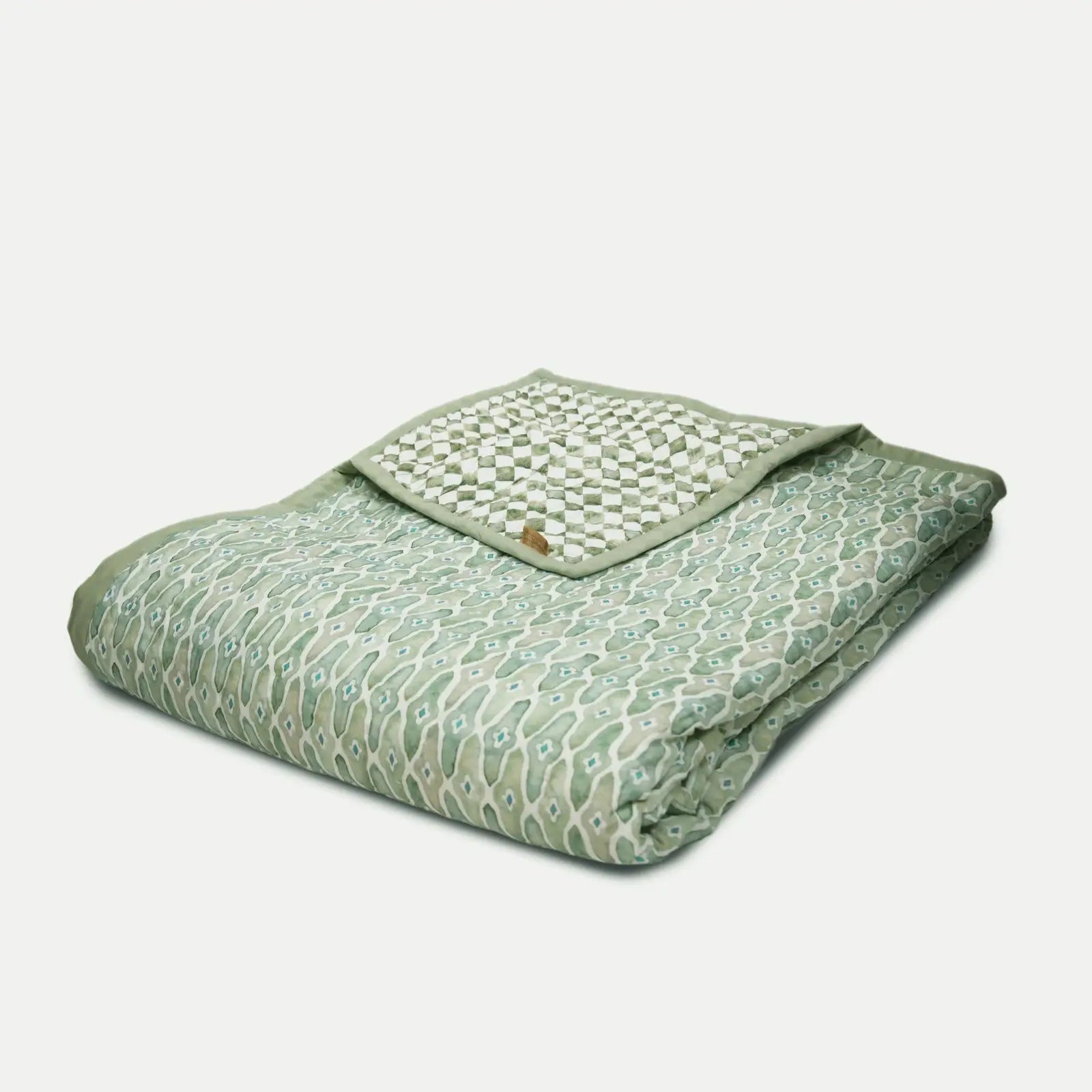 Checker Mosaic Sage Kantha Cotton Quilt SanctuaryLiving