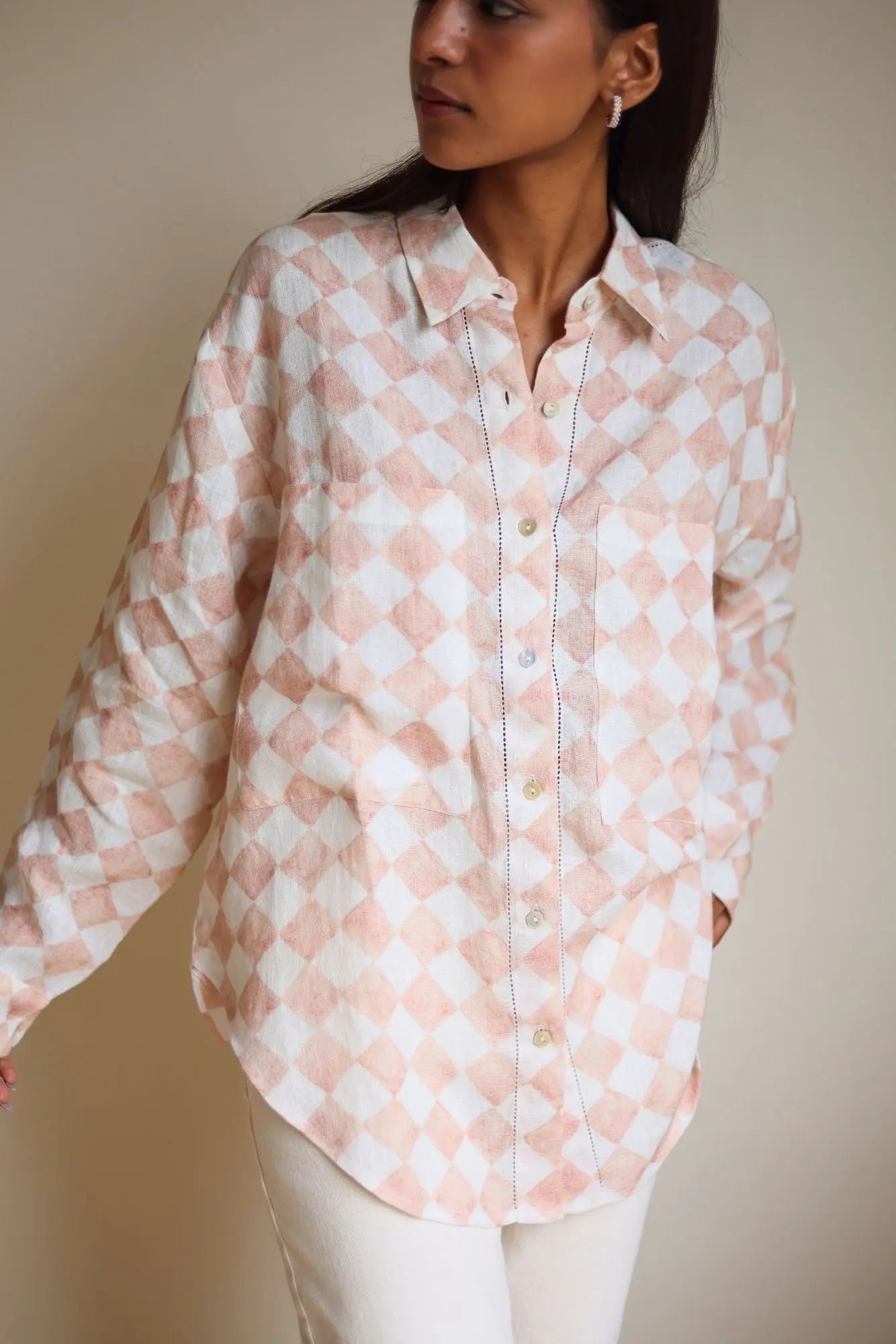 Holly Checker Linen Blush Shirt SanctuaryLiving