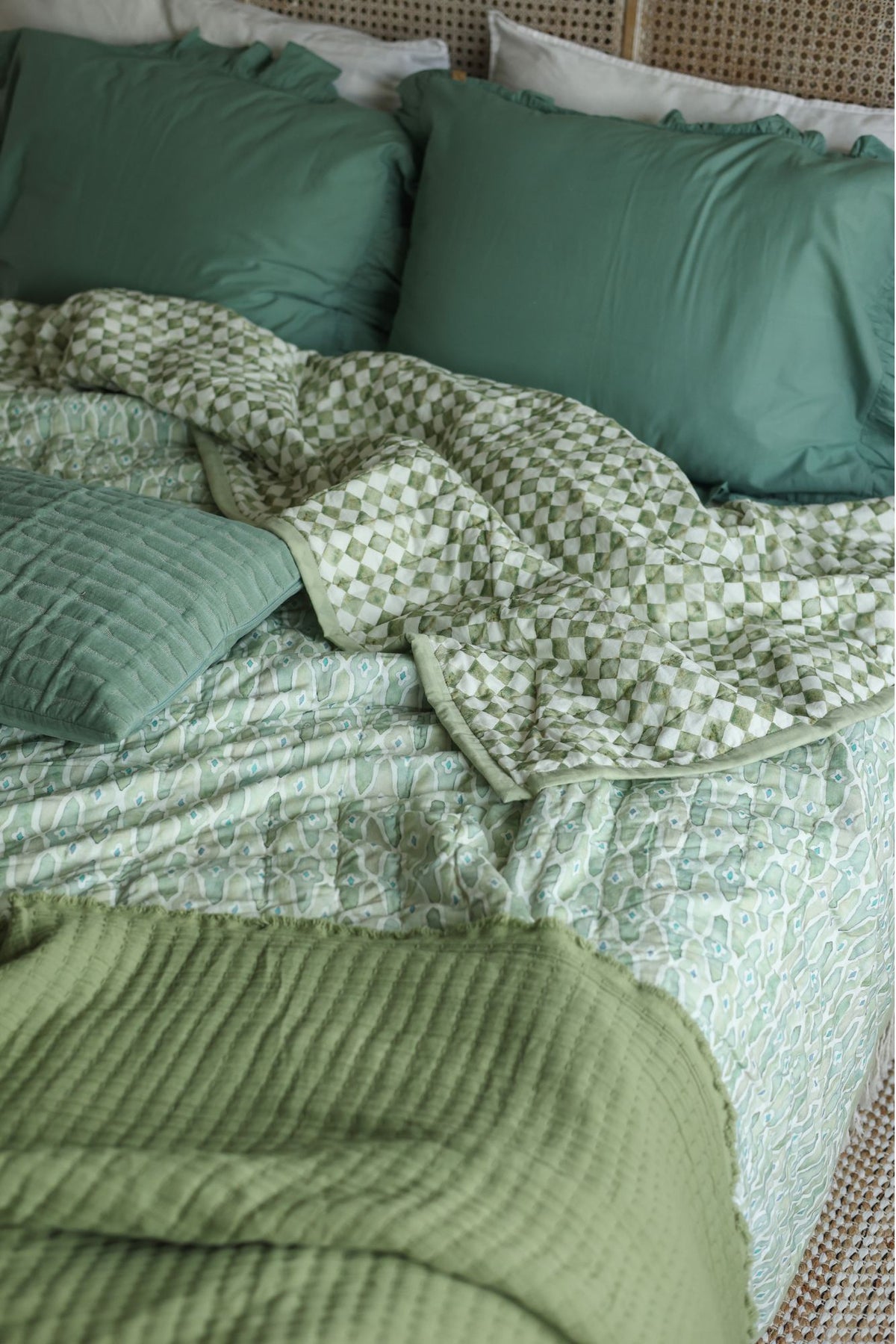 Checker Mosaic Sage Kantha Cotton Quilt
