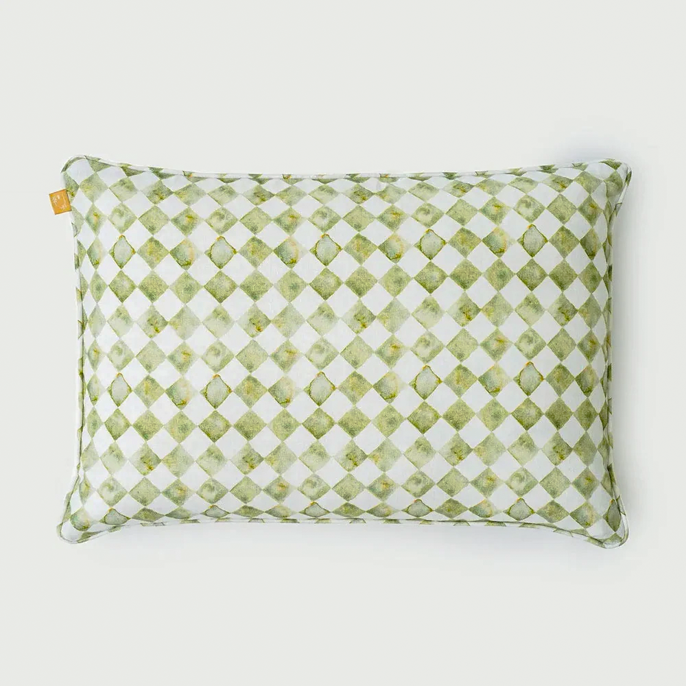 Checker Green Linen Oblong Cushion Cover