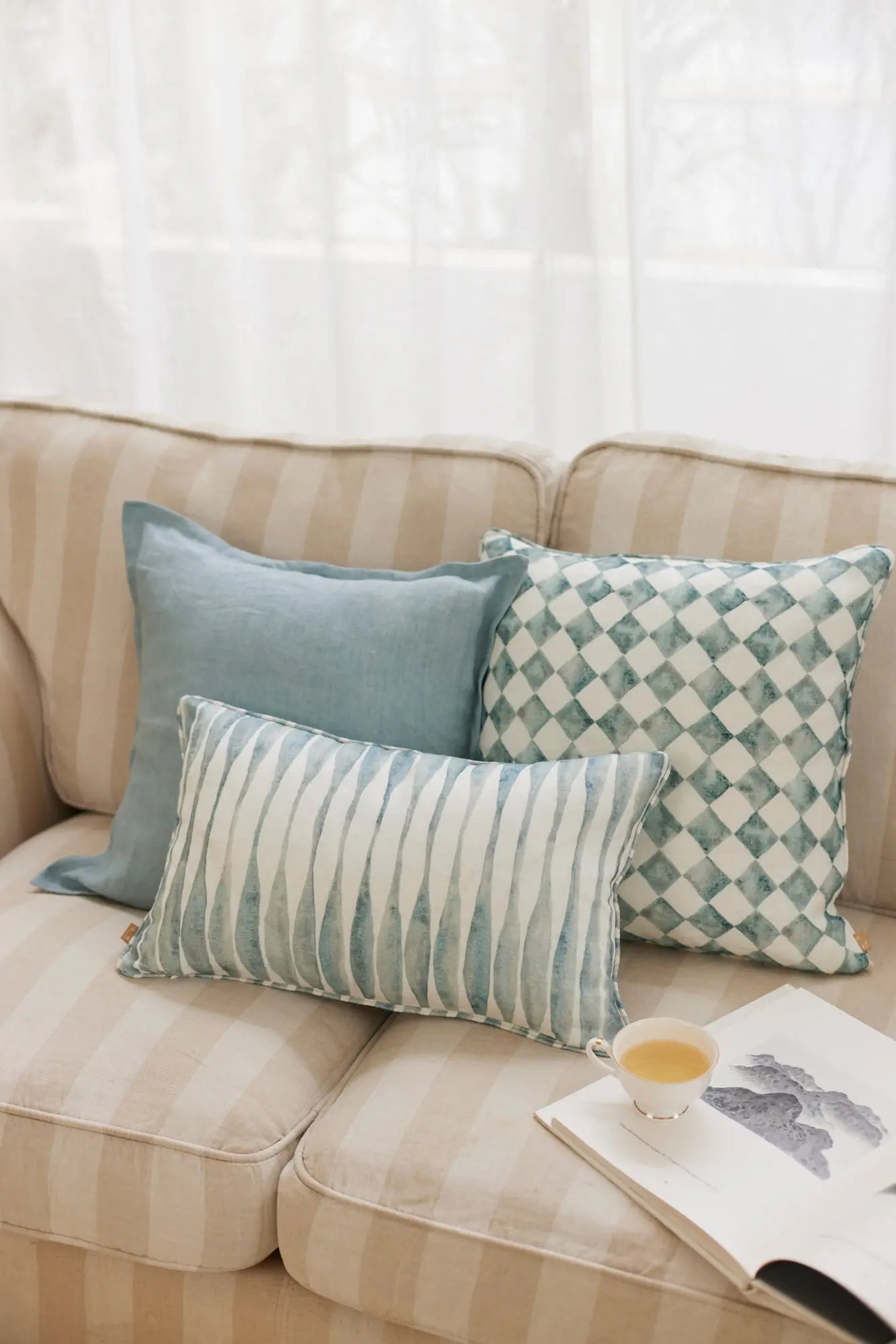 Checker Blue Linen Cushion Cover SanctuaryLiving