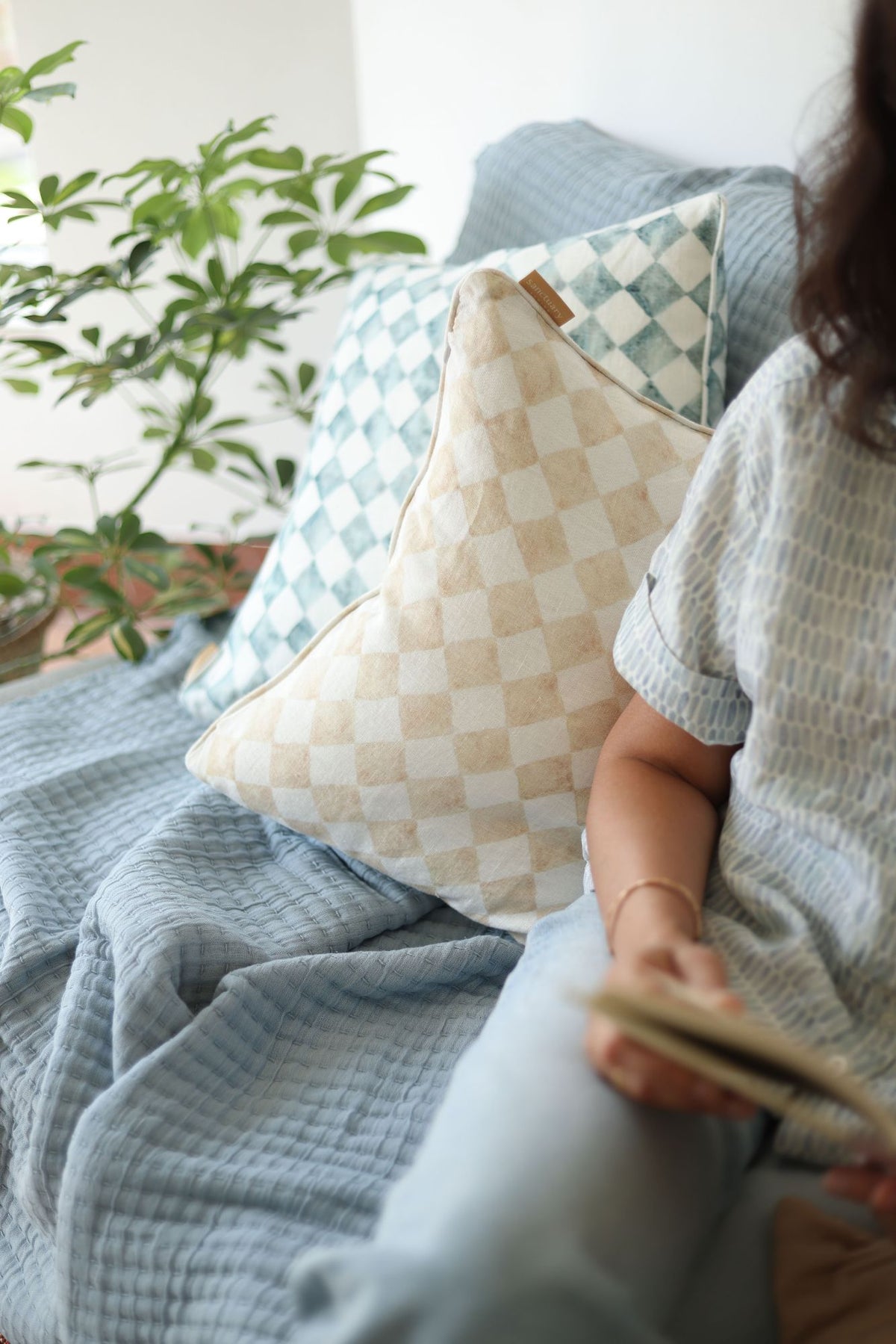 Checker Beige Linen Cushion Cover