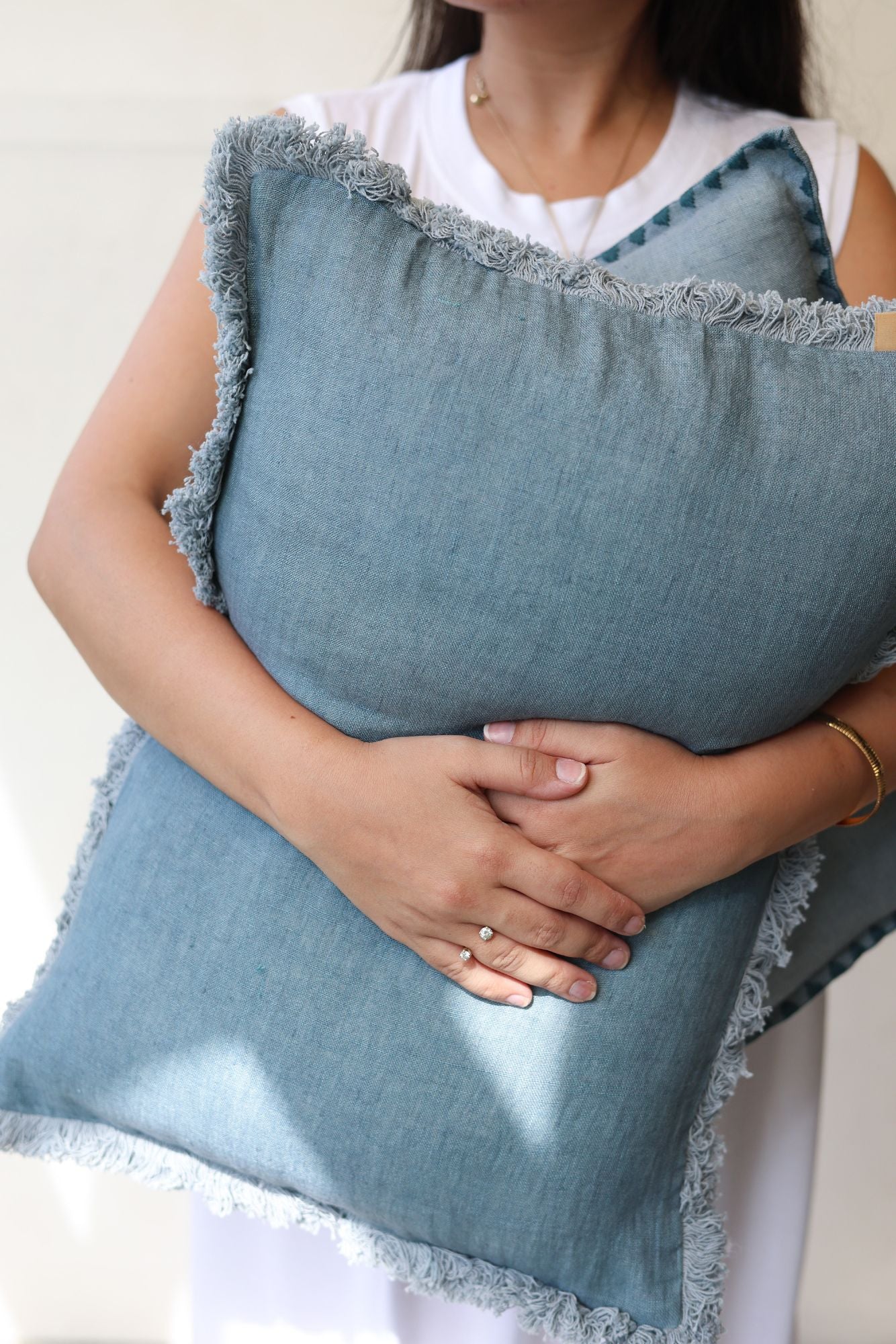 Fringe Azure Linen Oblong Cushion Cover