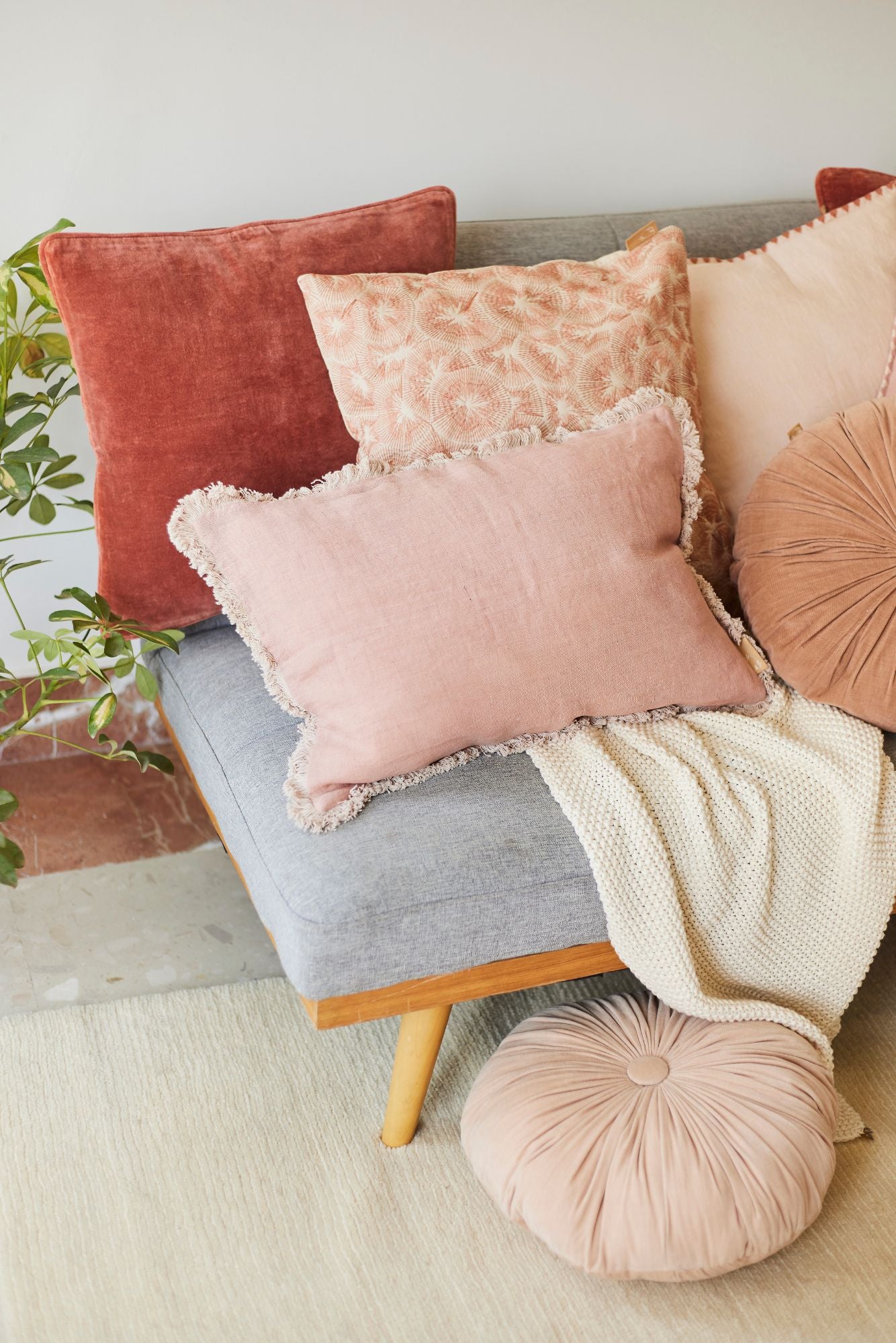 Fringe Rose Linen Oblong Cushion Cover