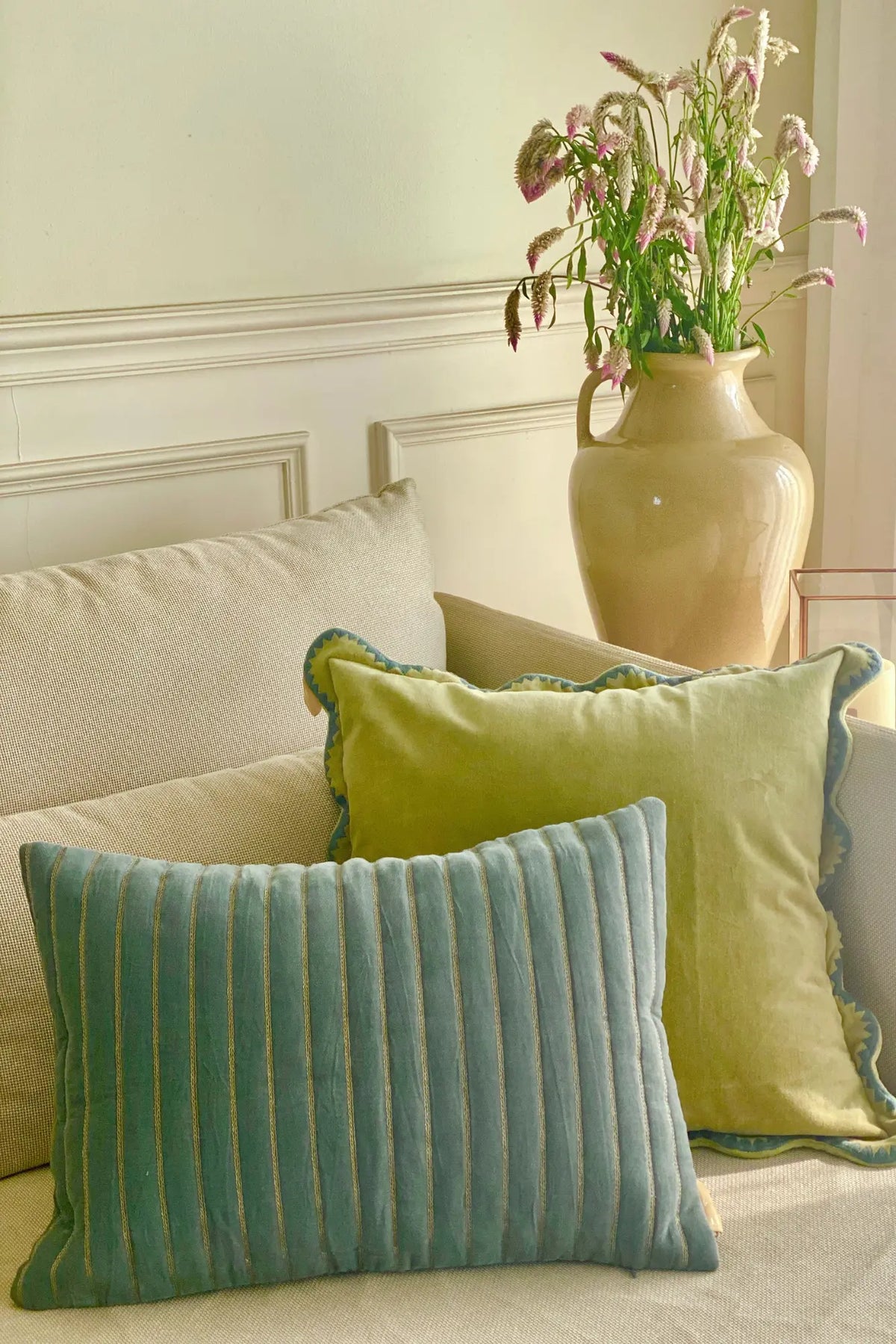 Eden Striped Duck Egg Velvet Oblong Cushion Cover SanctuaryLiving
