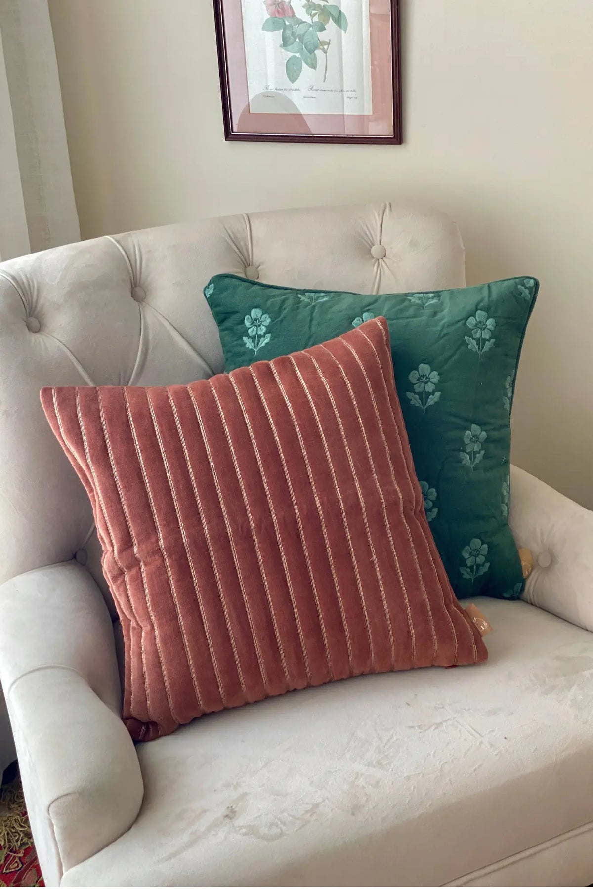 Eden Striped Rhubarb Velvet Cushion Cover SanctuaryLiving