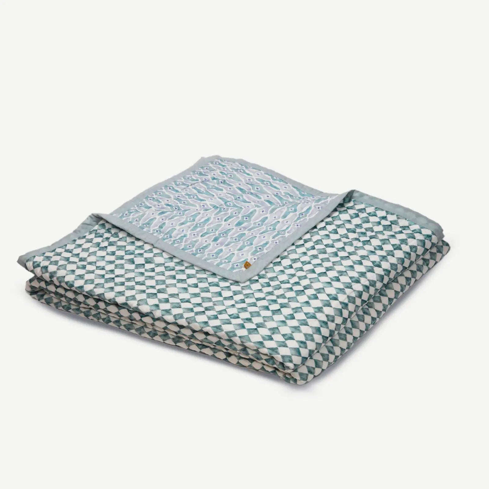 Checker Mosaic Blue Kantha Cotton Quilt SanctuaryLiving