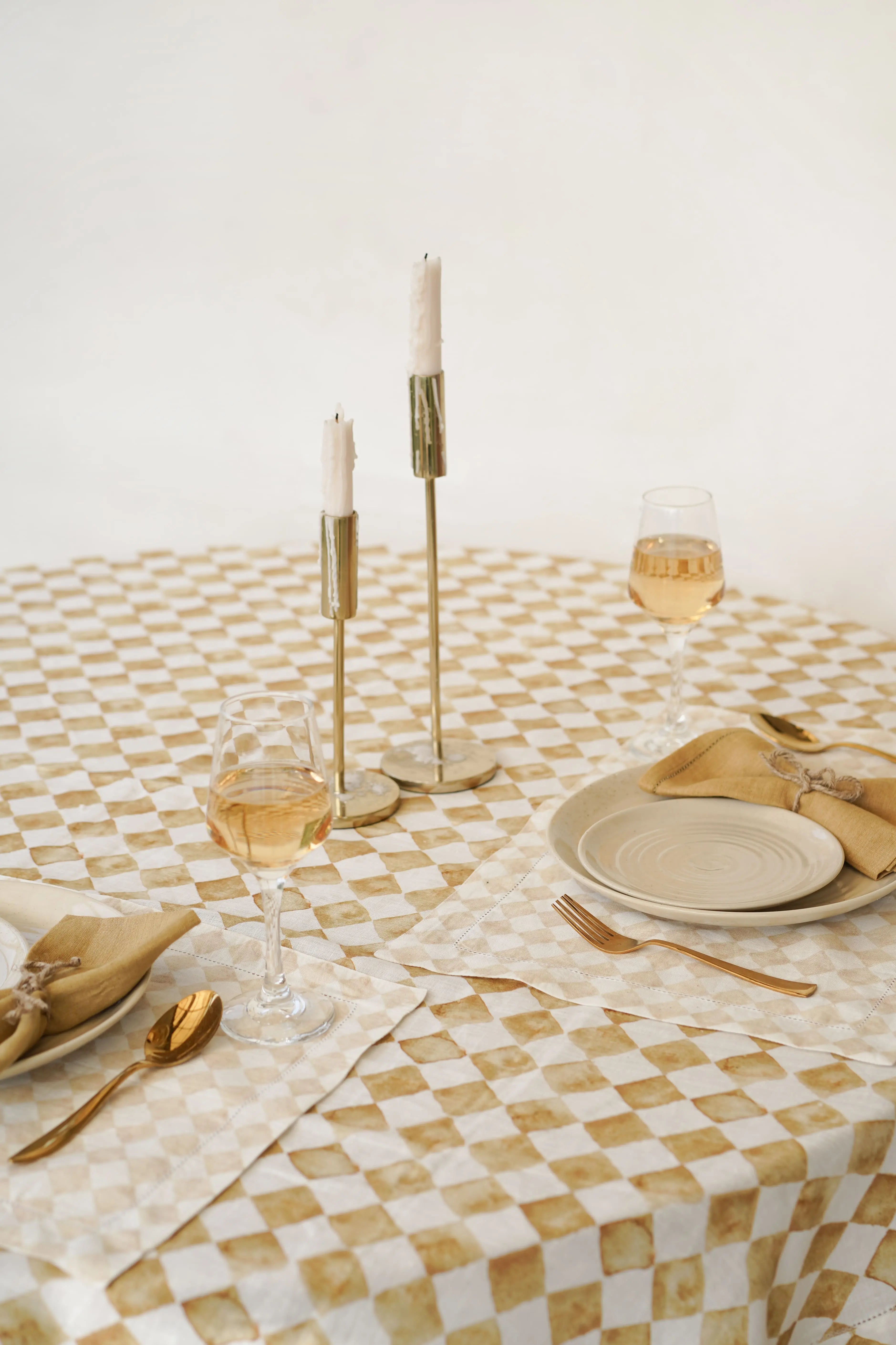 Checker Ochre Linen Table Cover SanctuaryLiving