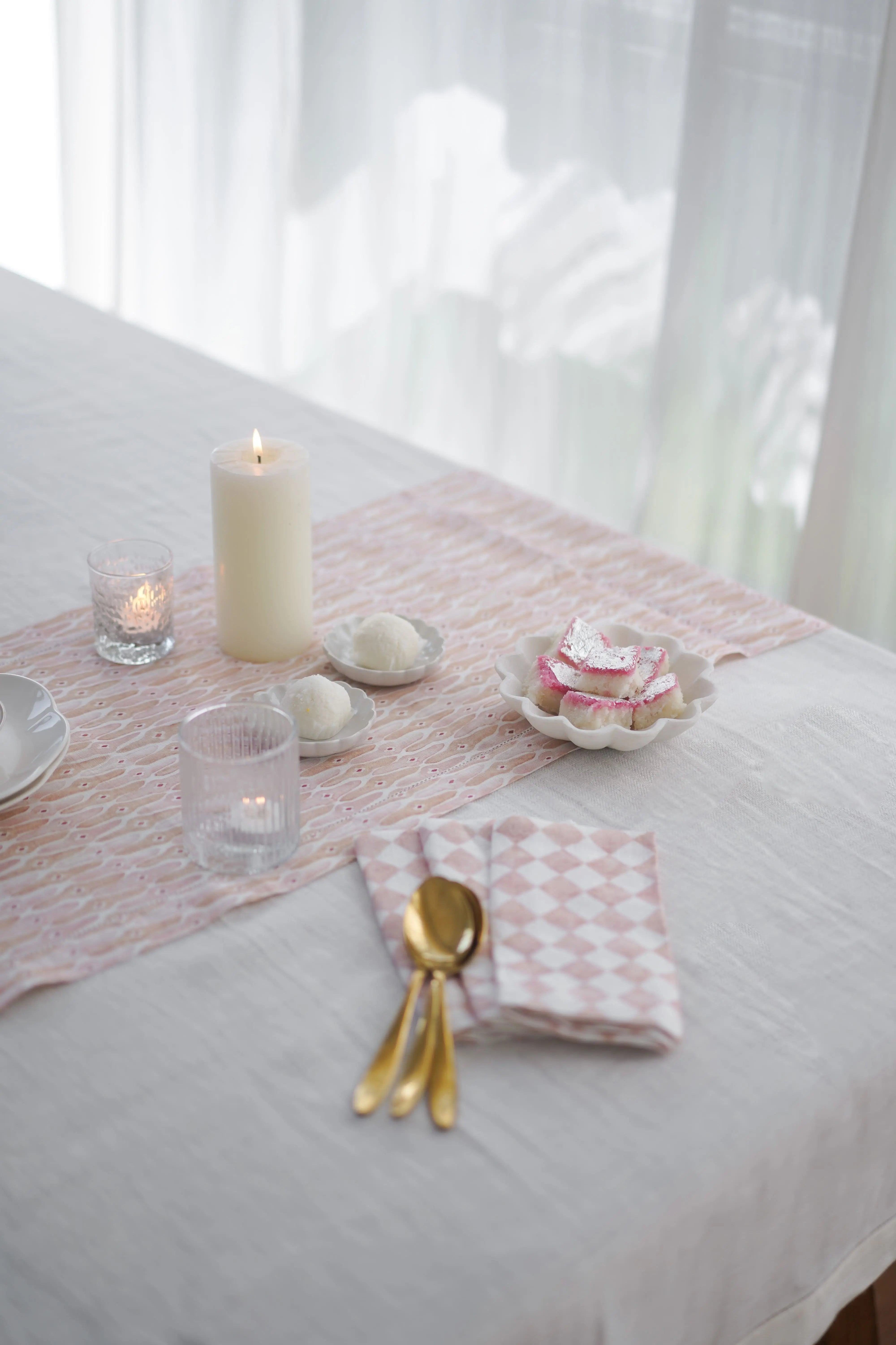 Mosaic Blush Linen Table Runner SanctuaryLiving
