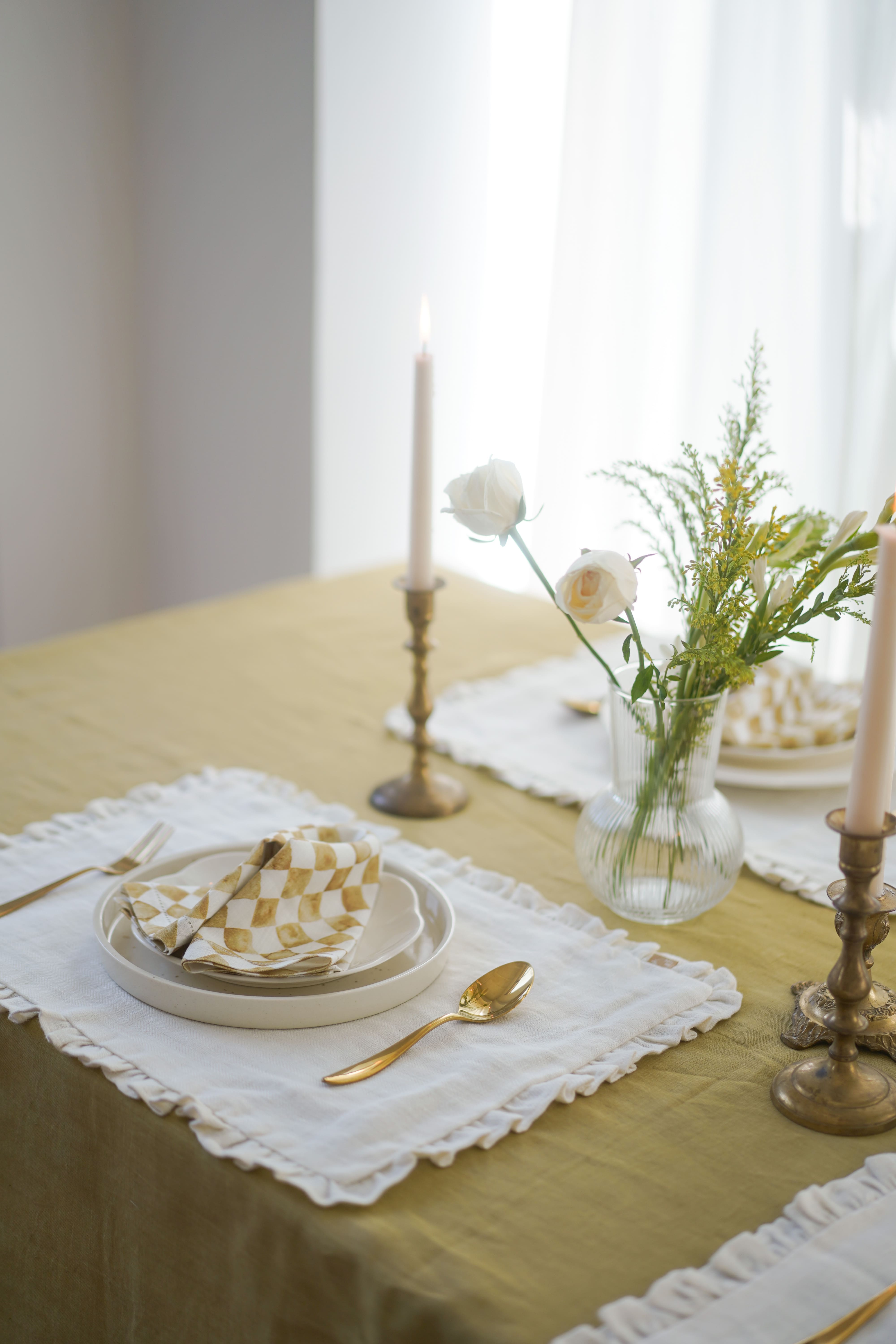 Checker Ochre Linen Table Napkins-Set of 2