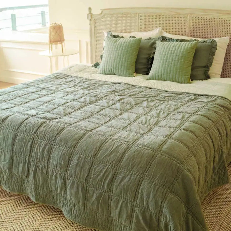 Checker Embroidered Teal Kantha Cotton Quilt SanctuaryLiving