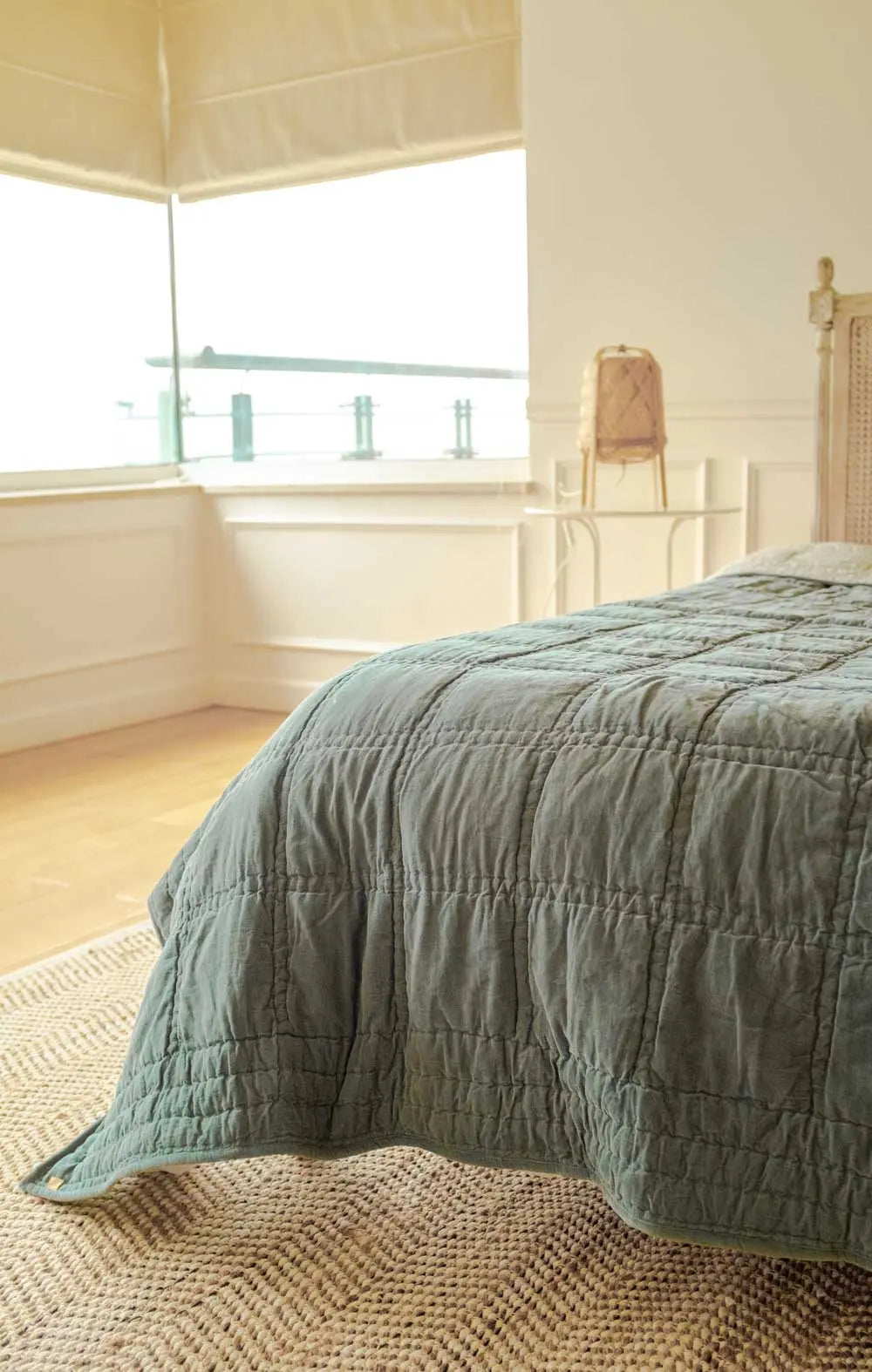 Checker Embroidered Teal Kantha Cotton Quilt SanctuaryLiving