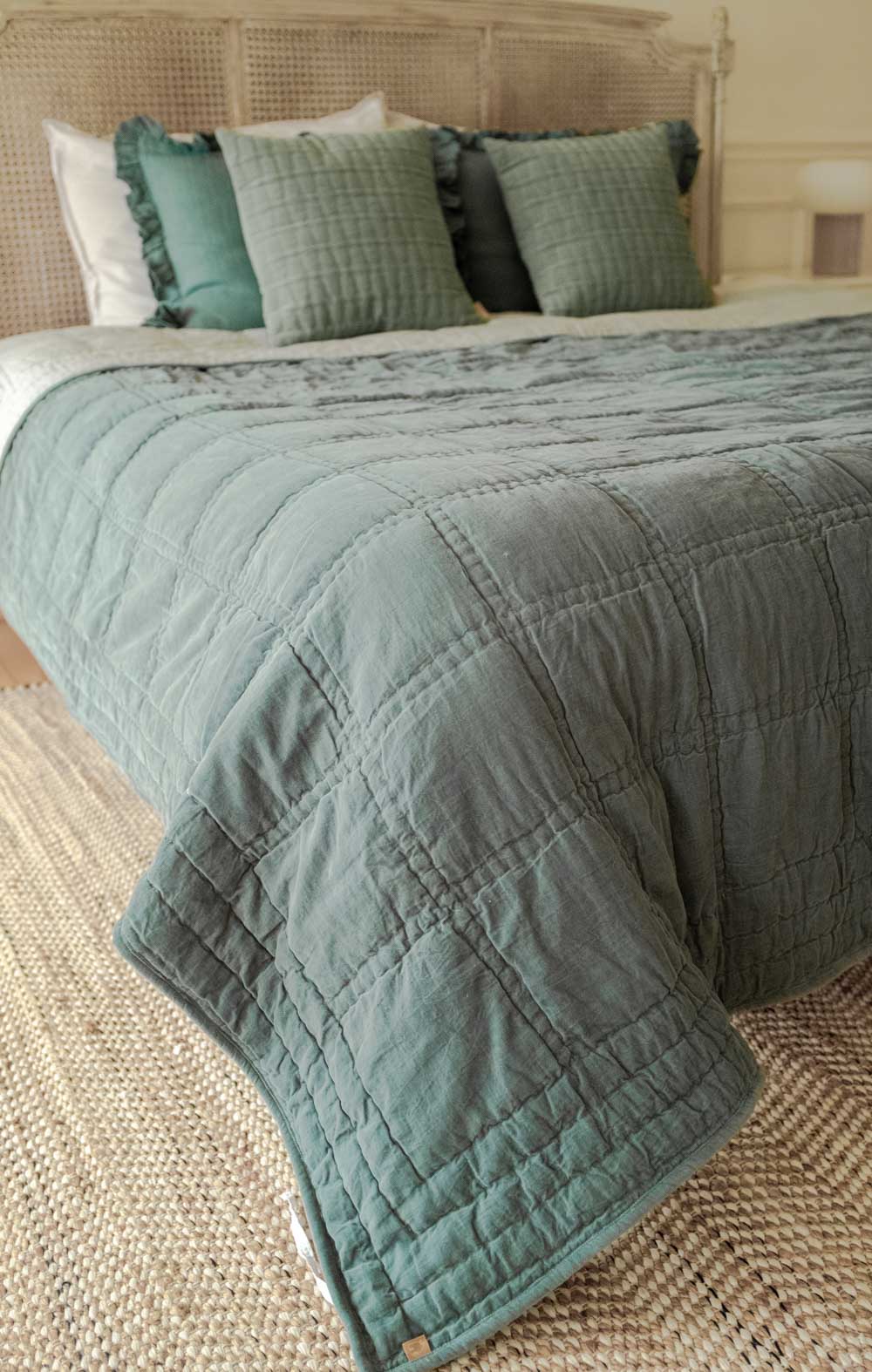 Checker Embroidered Teal Kantha Cotton Quilt