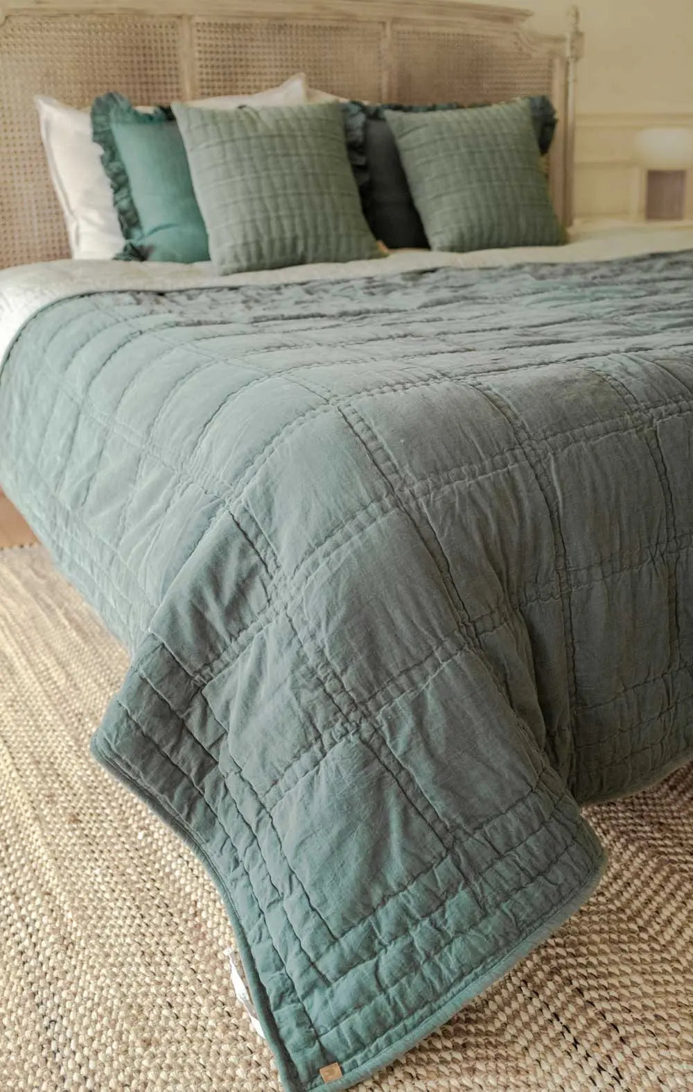 Checker Embroidered Teal Kantha Cotton Quilt SanctuaryLiving