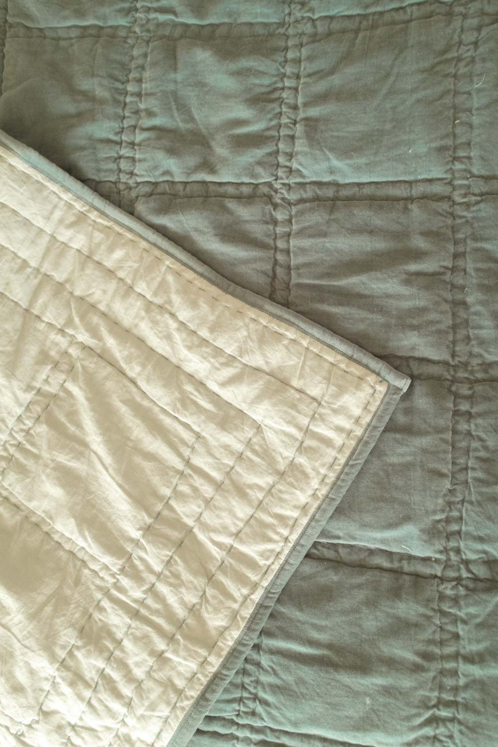 Checker Embroidered Teal Kantha Cotton Quilt