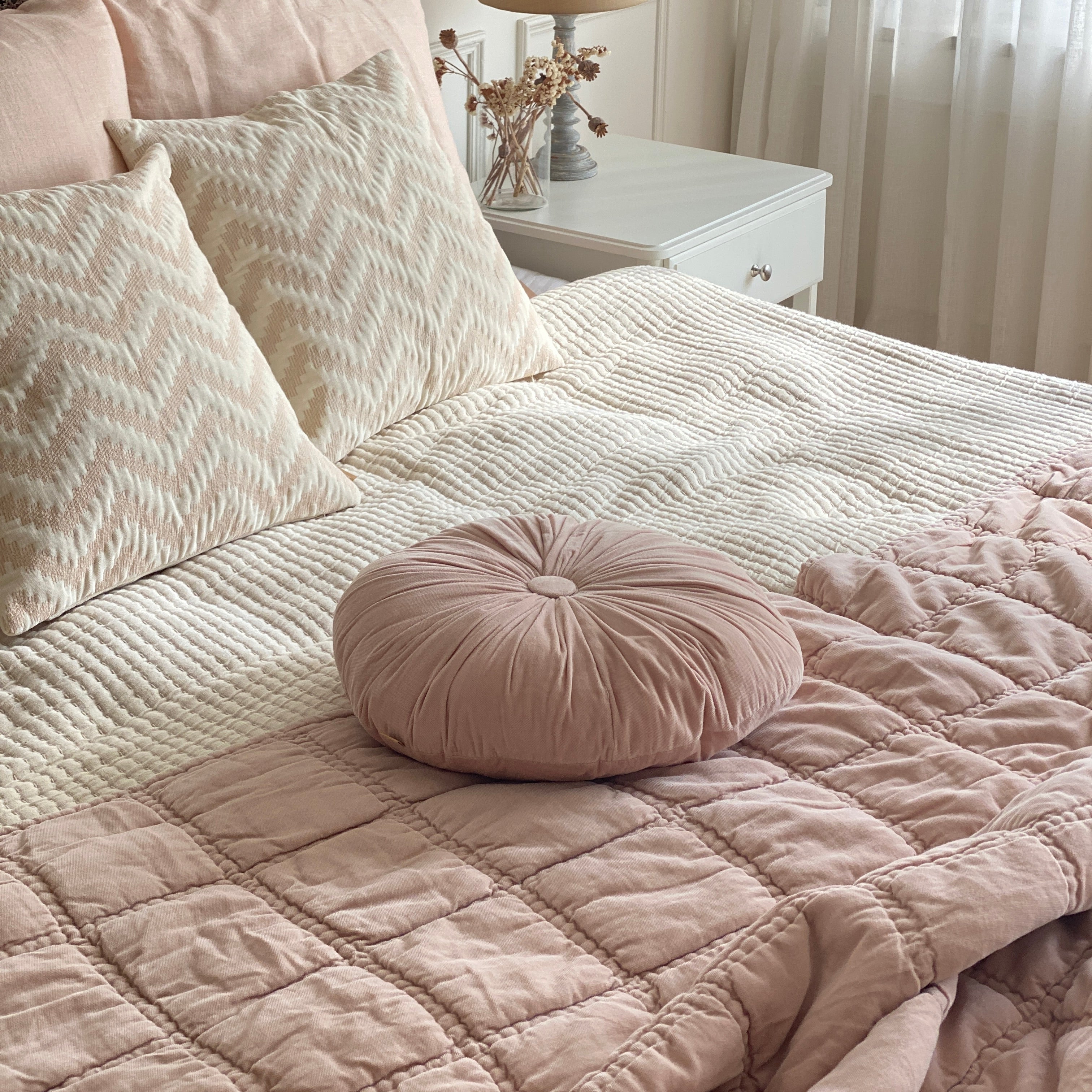 Checker Embroidered Baby Pink Kantha Cotton Quilt