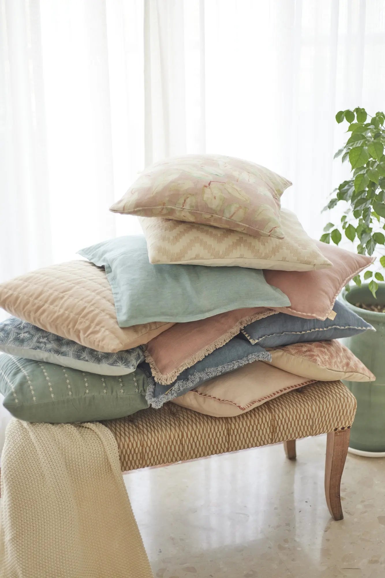 Fringe Azure Oblong Linen Cushion Cover SanctuaryLiving