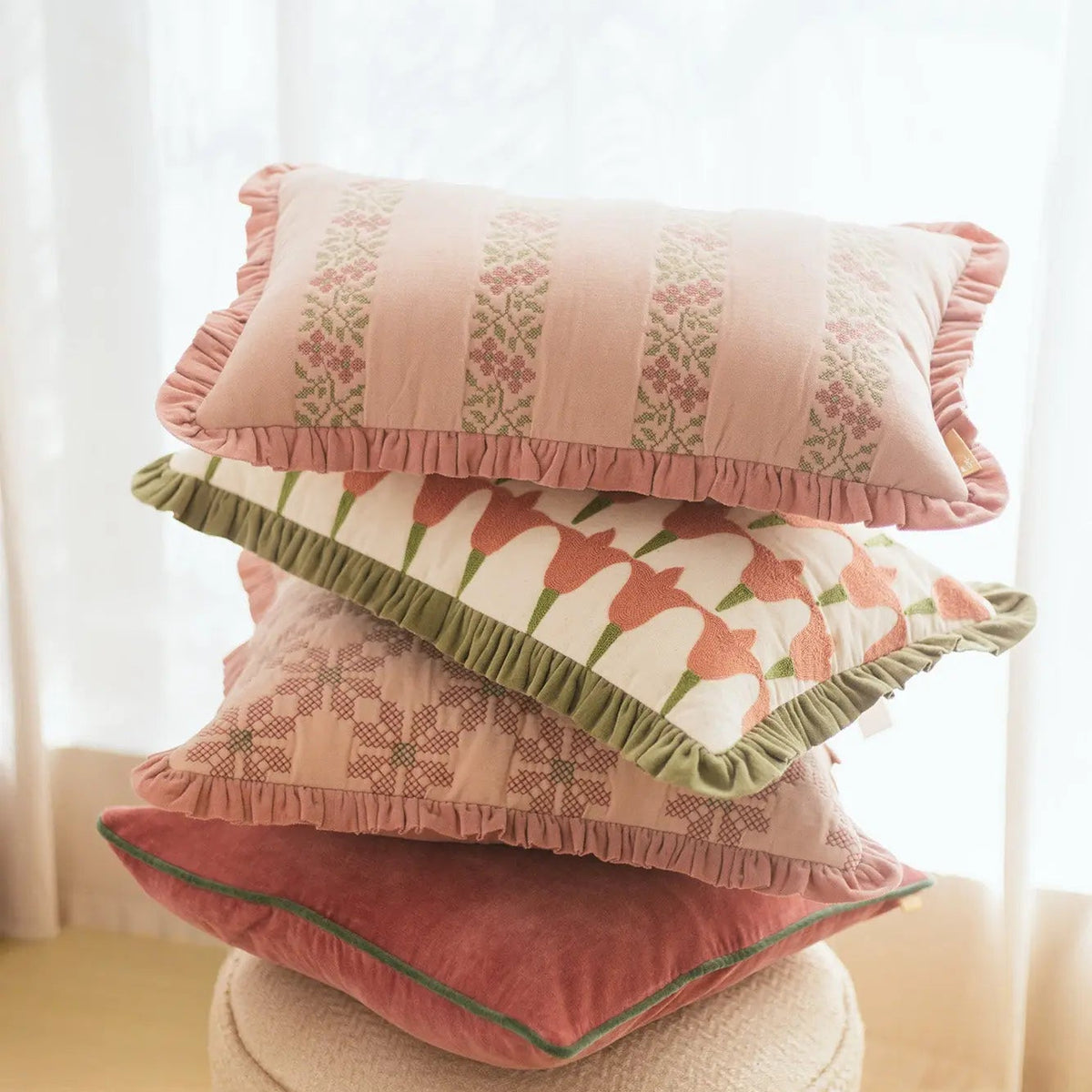Heather Baby Pink Cross Stitch Oblong Cushion Cover SanctuaryLiving