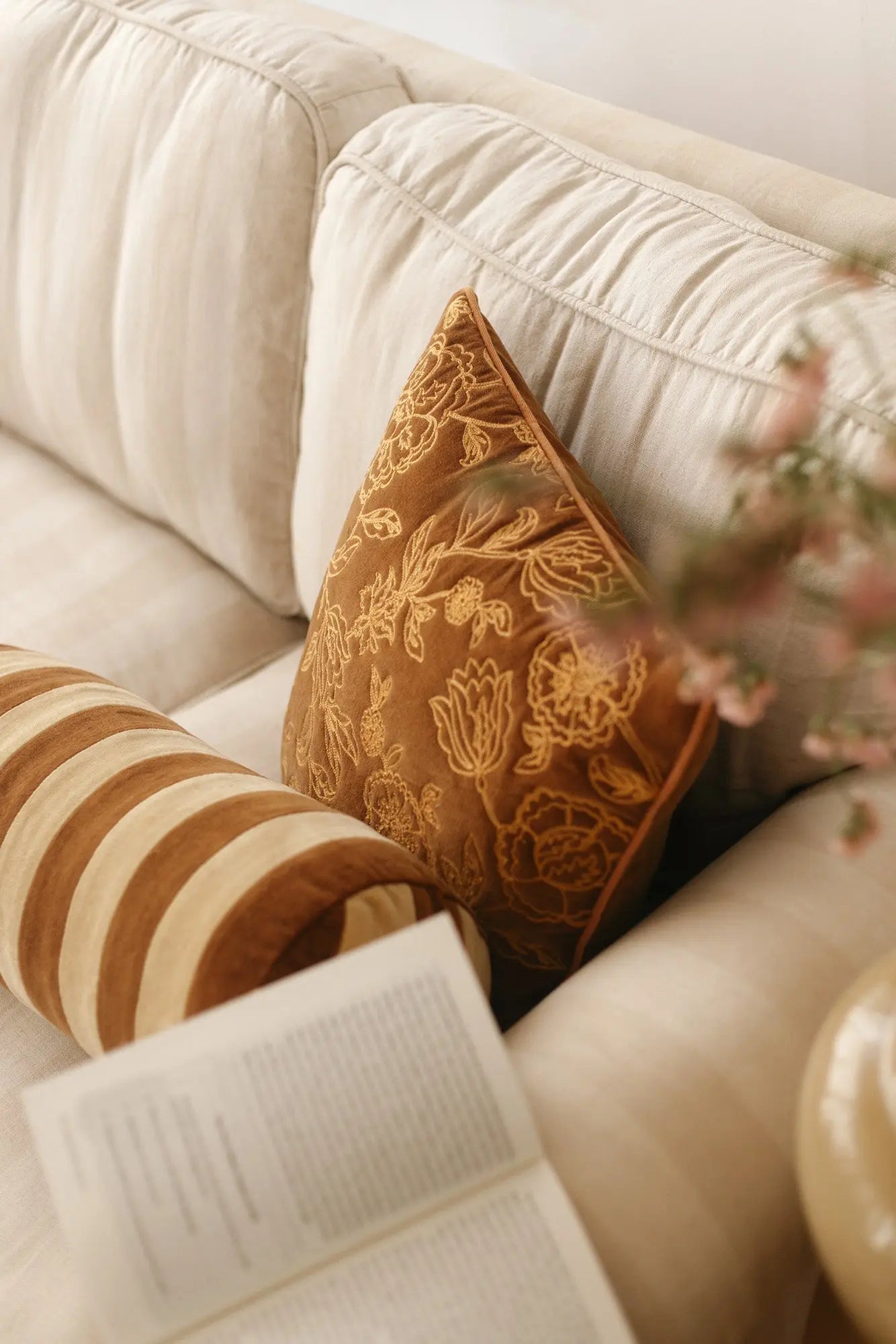 Rosabelle Chintz Tan Brown Cushion Cover SanctuaryLiving