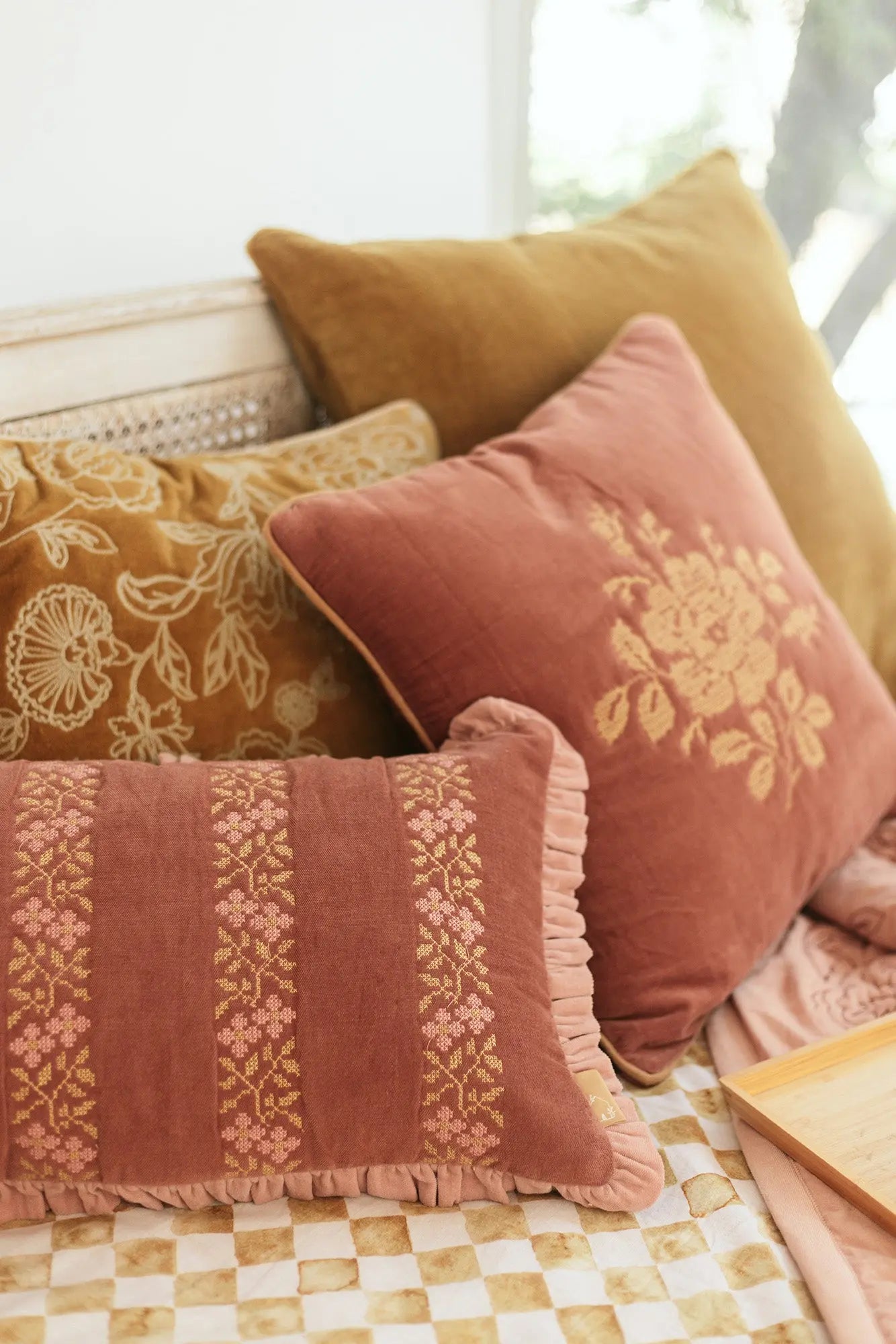 Heather Rhubarb Cross Stitch Oblong Cushion Cover SanctuaryLiving