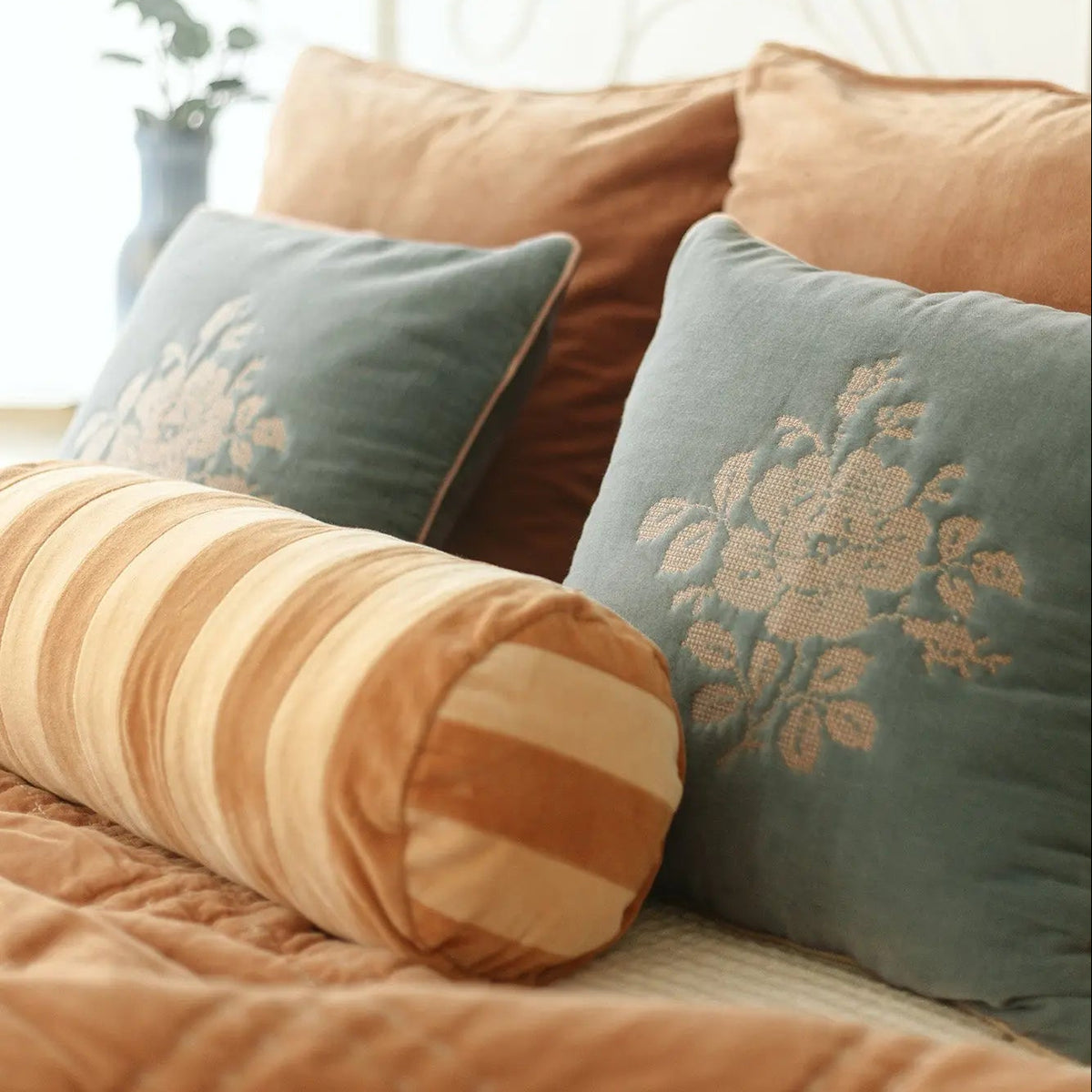 Camellia Teal Cross Stitch Cushion Cover SanctuaryLiving