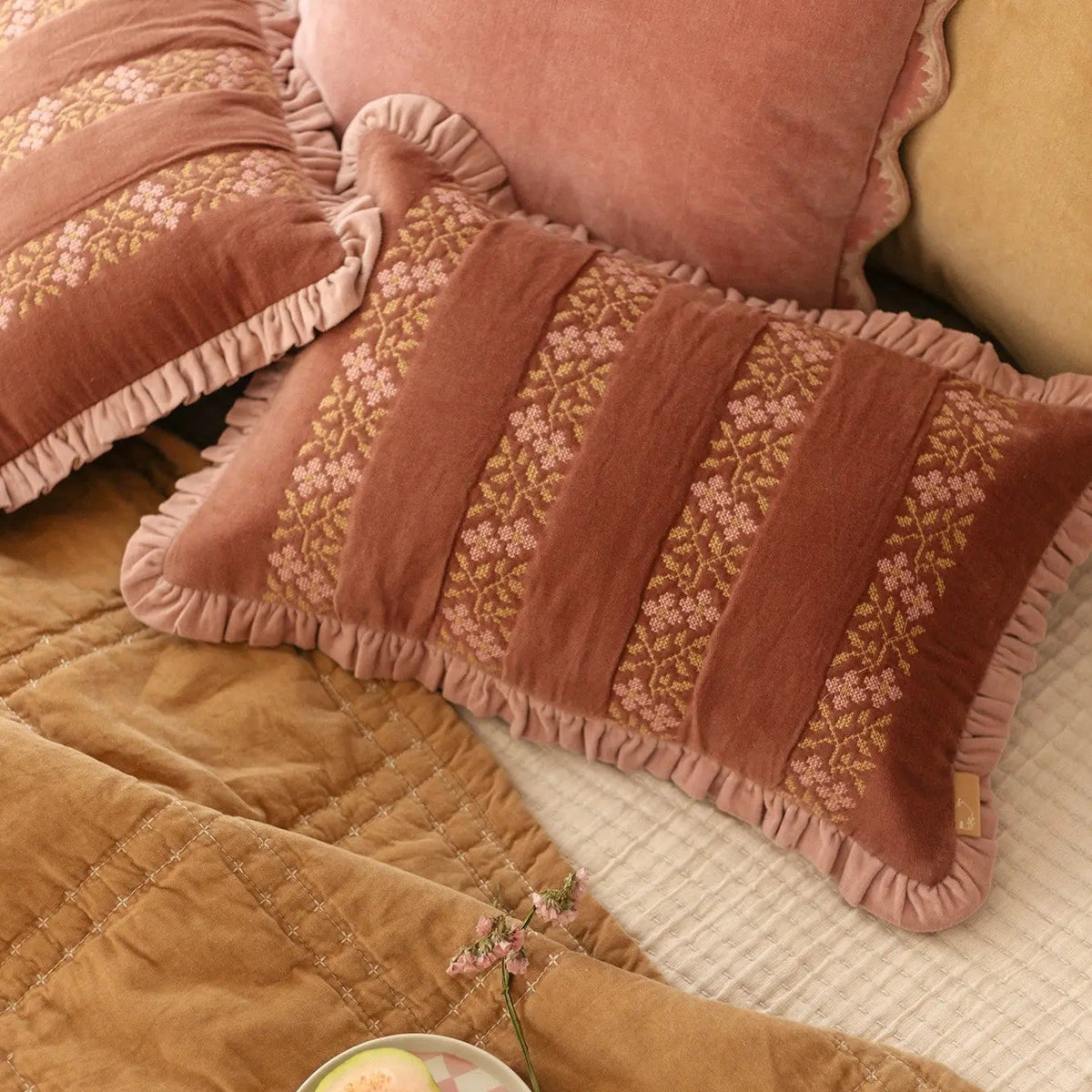 Heather Rhubarb Cross Stitch Oblong Cushion Cover SanctuaryLiving