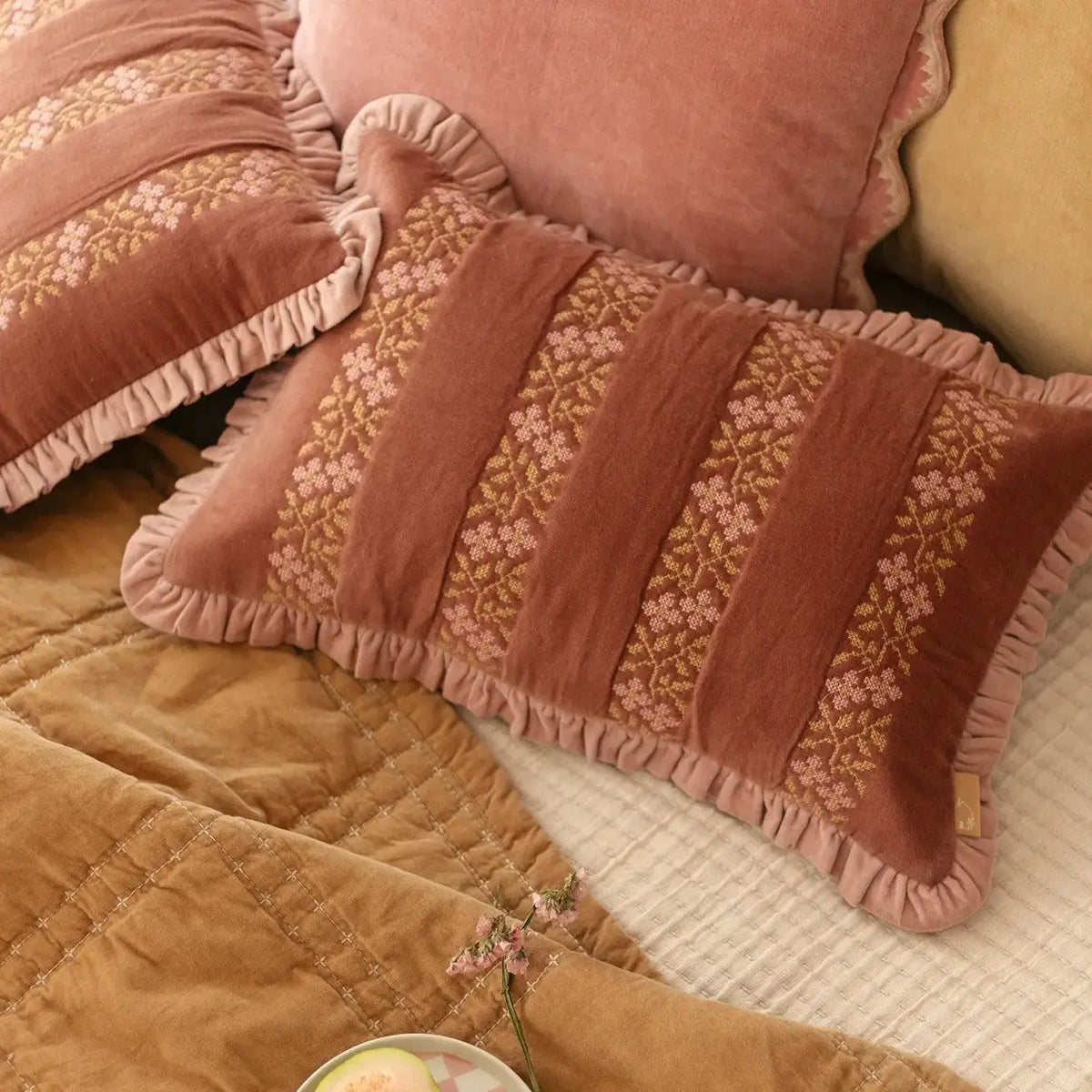 Heather Rhubarb Cross Stitch Oblong Cushion Cover SanctuaryLiving