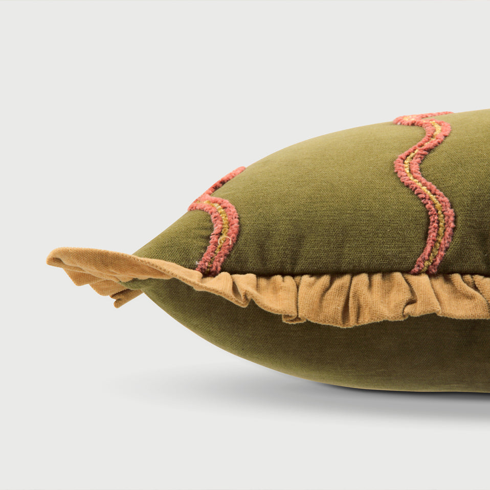 Aria Ruffle Forest Green Embroidered Oblong Cushion Cover