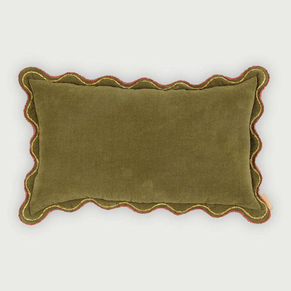 Aurora Scallop Forest Green Embroidered Oblong Cushion Cover