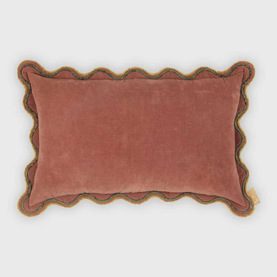 Aurora Scallop Carmine Embroidered Oblong Cushion Cover