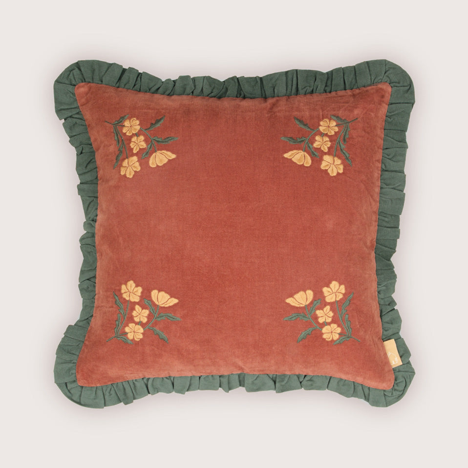 Sienna Carmine Embroidered Velvet Cushion Cover