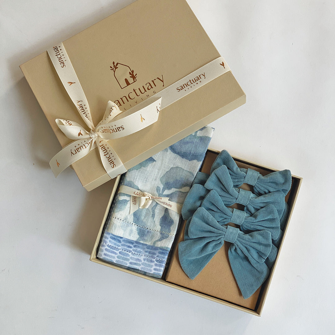 Linen Blue Table Napkins & Napkin Rings Gift Set SanctuaryLiving