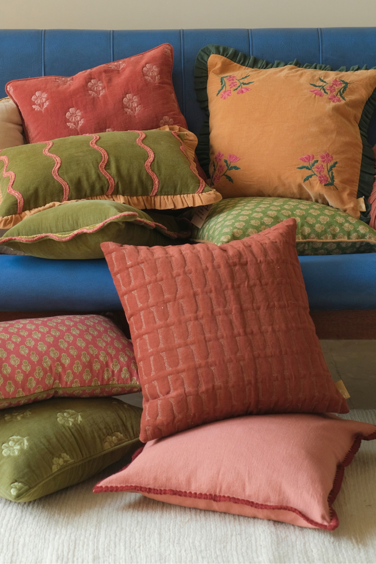 Twig Rhubarb Embroidered Velvet Cushion Cover