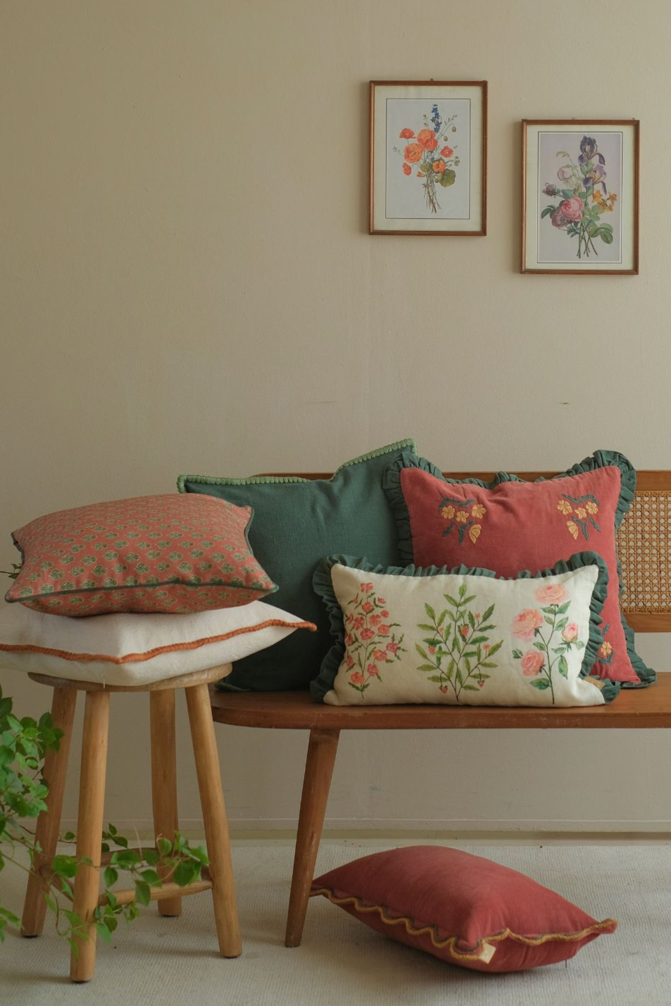 Aurora Scallop Carmine Embroidered Oblong Cushion Cover