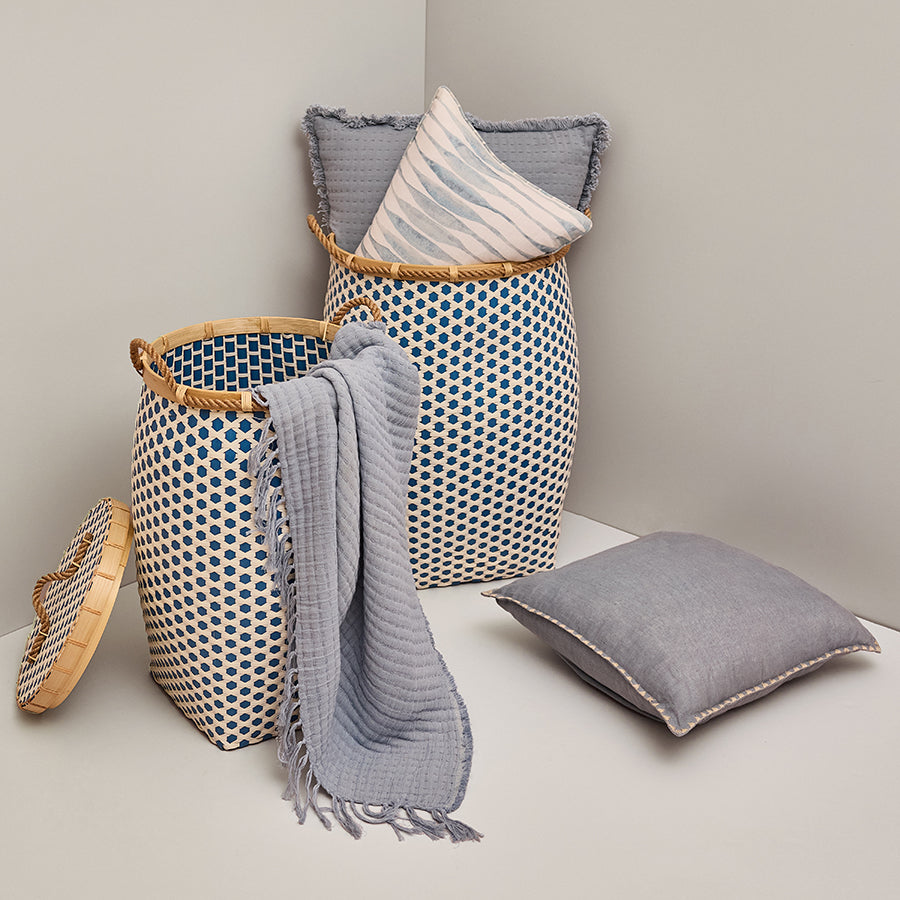 Adana Handwoven Bamboo Basket-Blue & White