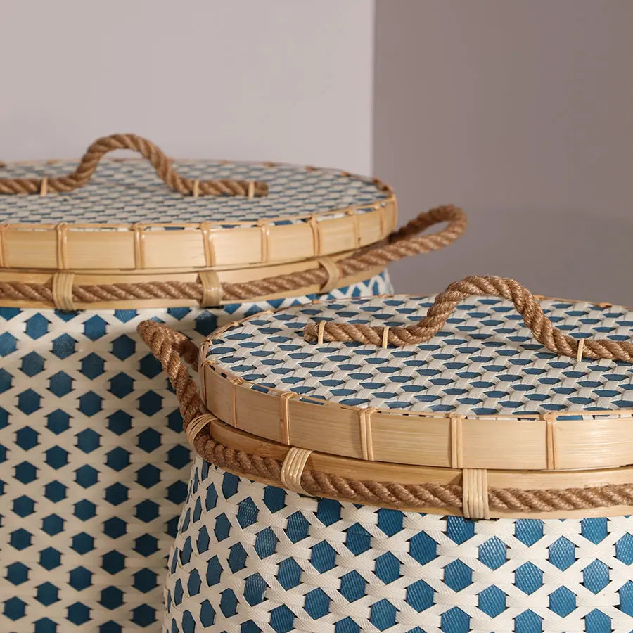 Adana Handwoven Bamboo Basket-Blue & White Quilt Avenue