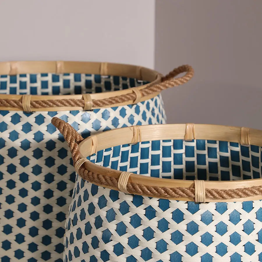 Adana Handwoven Bamboo Basket-Blue & White Quilt Avenue