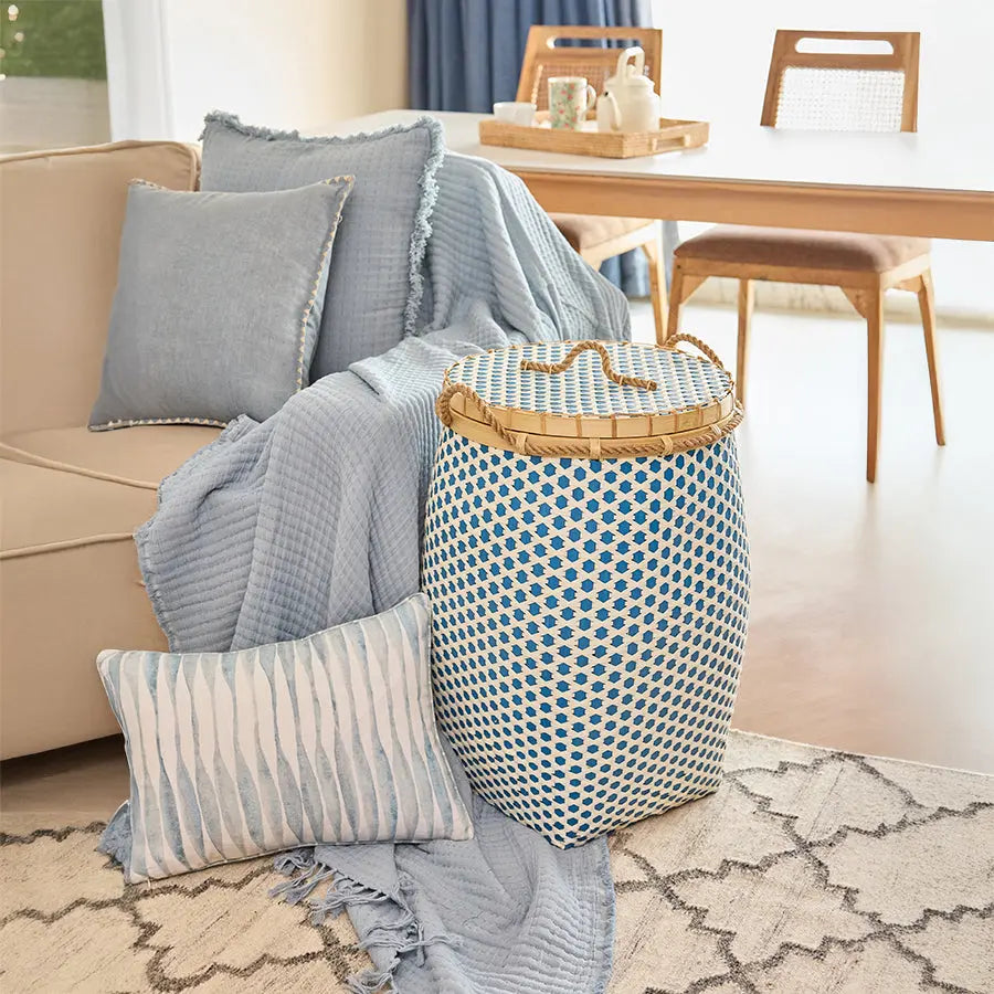 Adana Handwoven Bamboo Basket-Blue & White Quilt Avenue