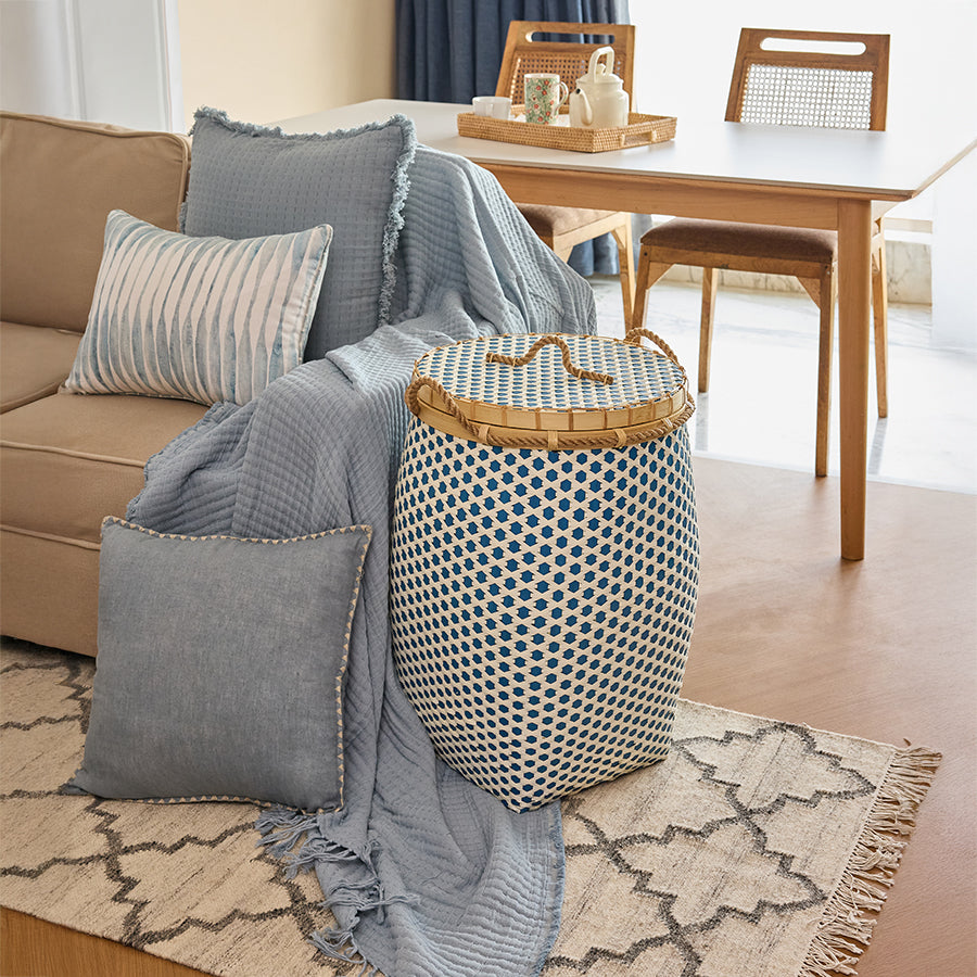 Adana Handwoven Bamboo Basket-Blue & White