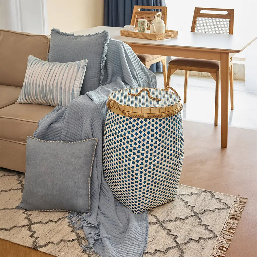 Adana Handwoven Bamboo Basket-Blue & White Quilt Avenue