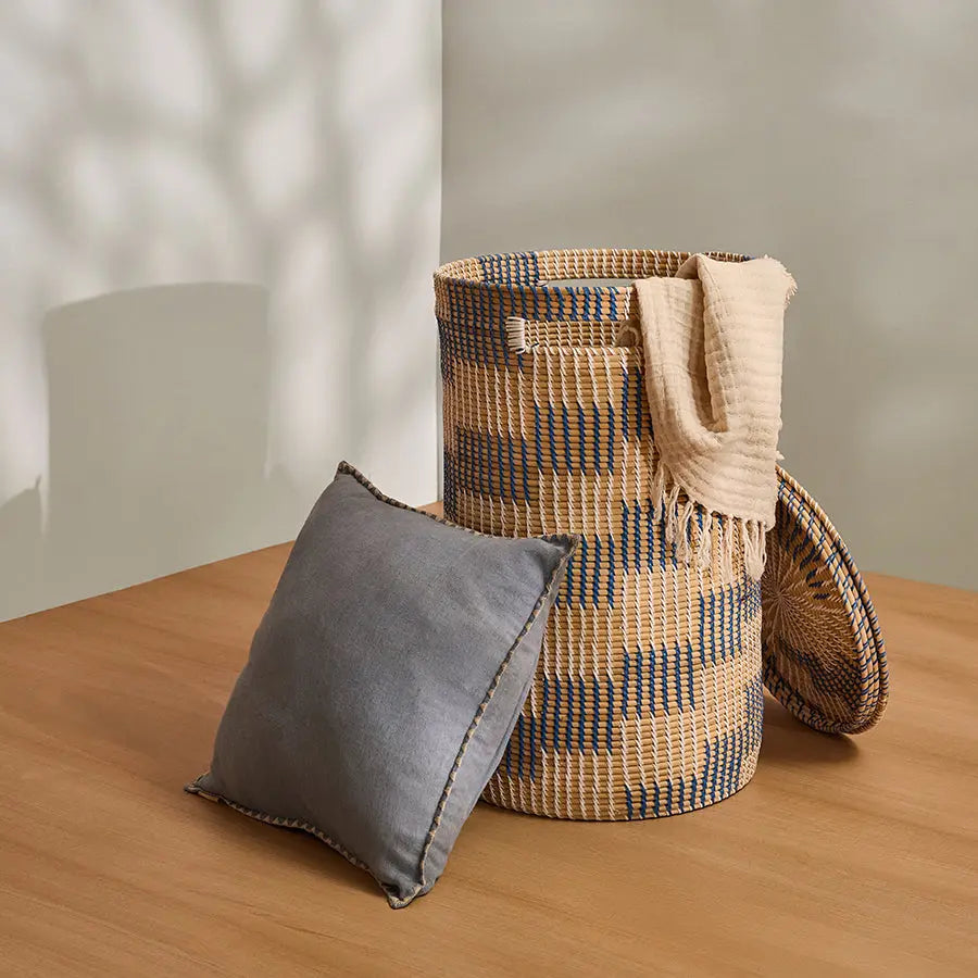 Forli Handwoven Rattan Basket-Blue & White Quilt Avenue