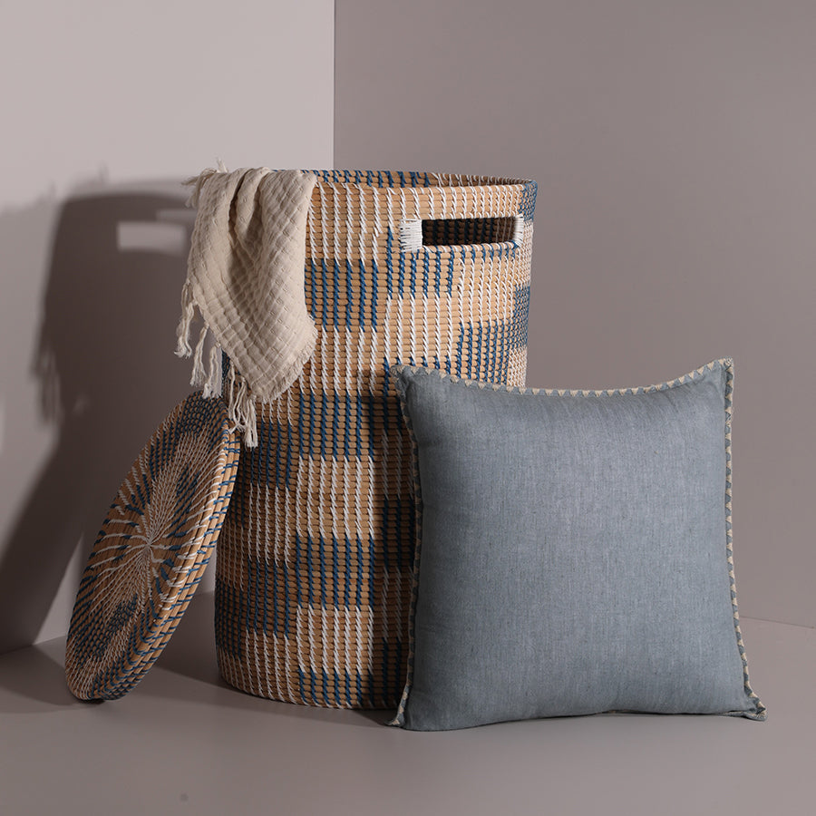 Forli Handwoven Rattan Basket-Blue & White