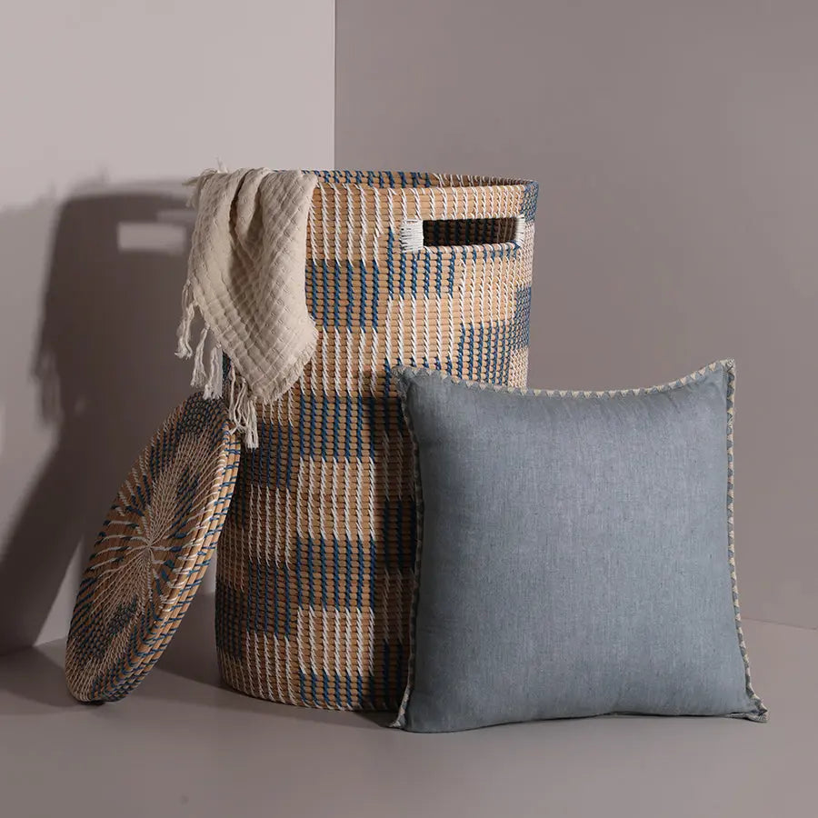 Forli Handwoven Rattan Basket-Blue & White Quilt Avenue